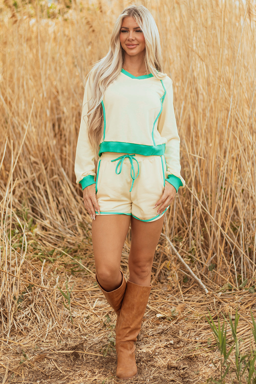 White Contrast Trim Colorblock Long Sleeve Pullover and Drawstring Shorts 2pcs Outfit-Two Piece Sets/Short Sets-[Adult]-[Female]-2022 Online Blue Zone Planet