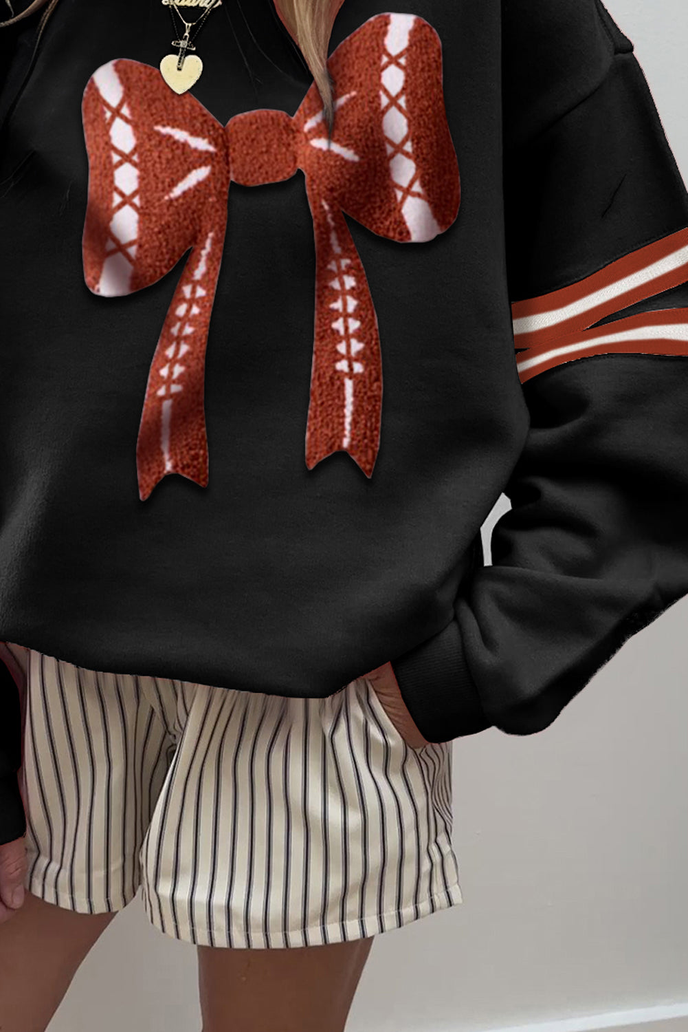 Black Varsity Baseball Bow Graphic Striped Sleeve Baggy Sweatshirt-Tops/Sweatshirts & Hoodies-[Adult]-[Female]-2022 Online Blue Zone Planet