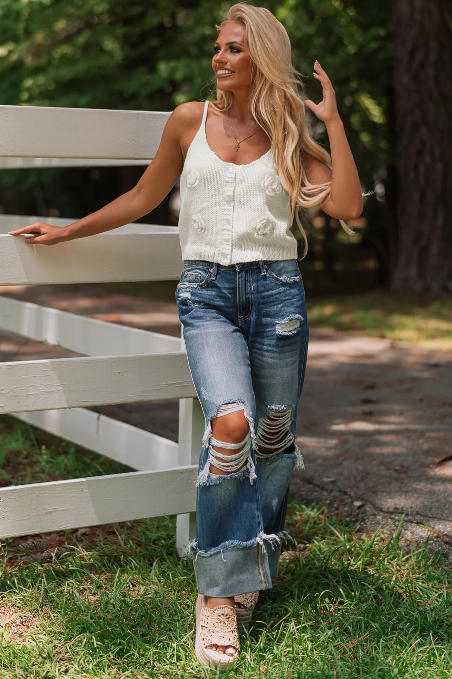 White 3D Flower Spaghetti Straps Sweater Vest-Sweaters & Cardigans/Sweater Vests-[Adult]-[Female]-2022 Online Blue Zone Planet