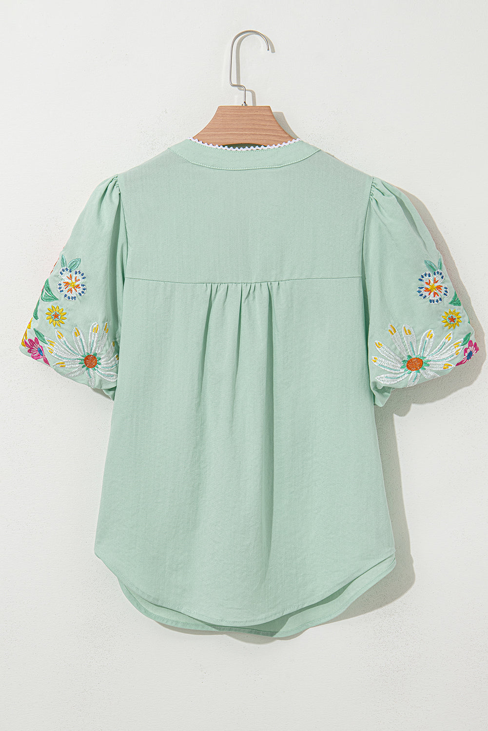 Clearly Aqua Floral Embroidered Puff Sleeve Split Neck Blouse-Tops/Blouses & Shirts-[Adult]-[Female]-2022 Online Blue Zone Planet