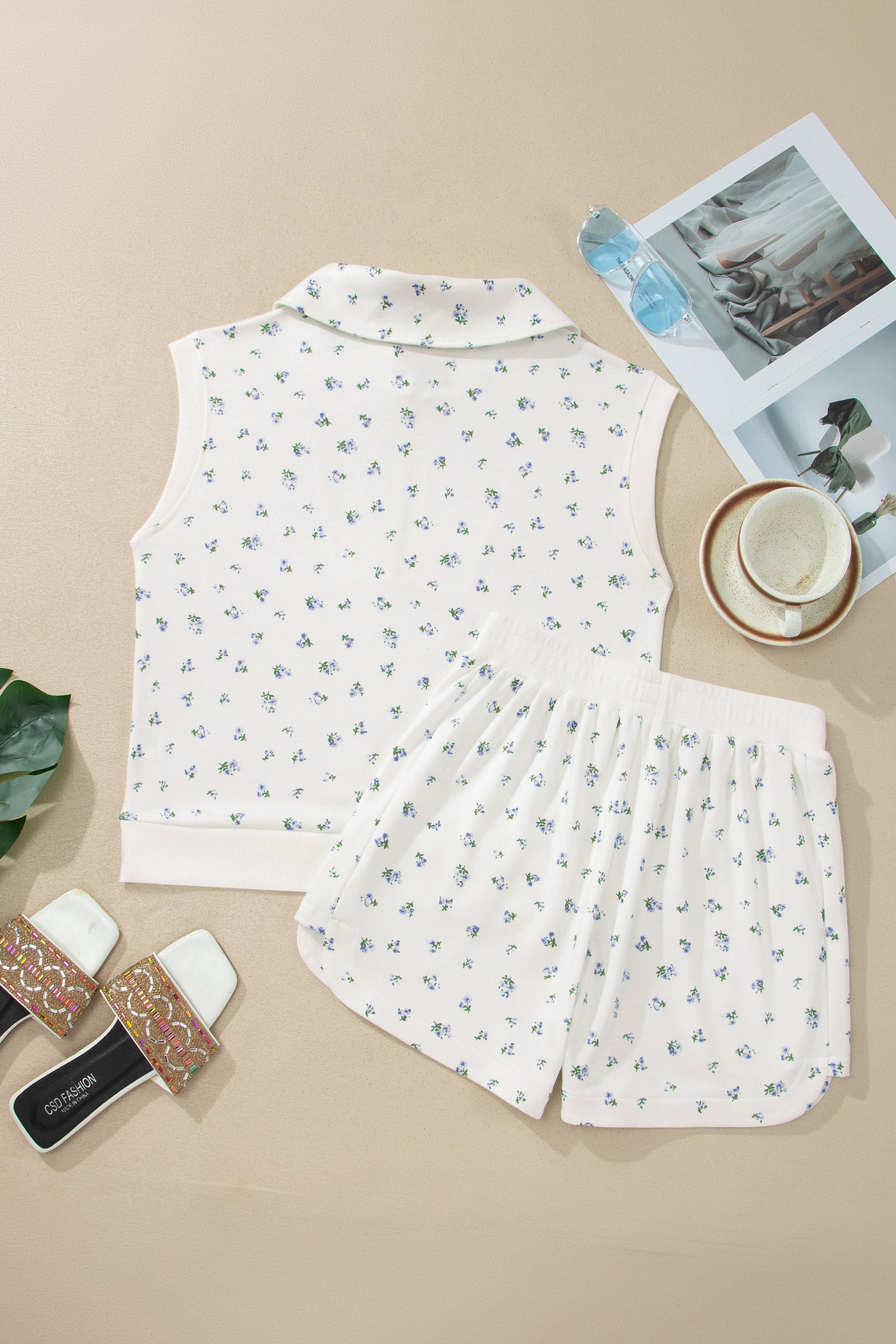 White Floral Print Half Zip Top Matching Short Set-Two Piece Sets/Short Sets-[Adult]-[Female]-2022 Online Blue Zone Planet