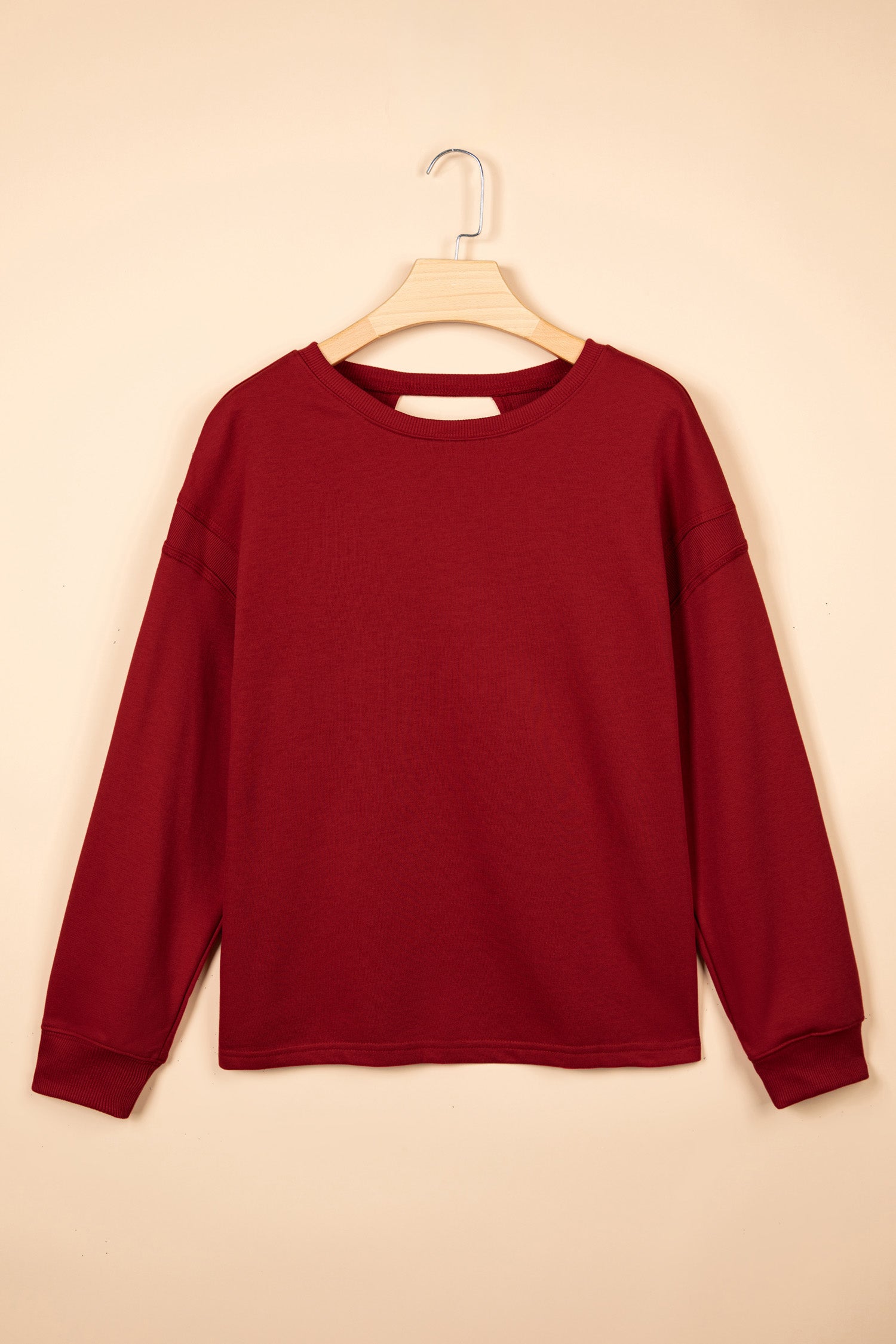 Racing Red Ribbed Detail Drop Shoulder Cutout Back Sweatshirt-Tops/Sweatshirts & Hoodies-[Adult]-[Female]-2022 Online Blue Zone Planet