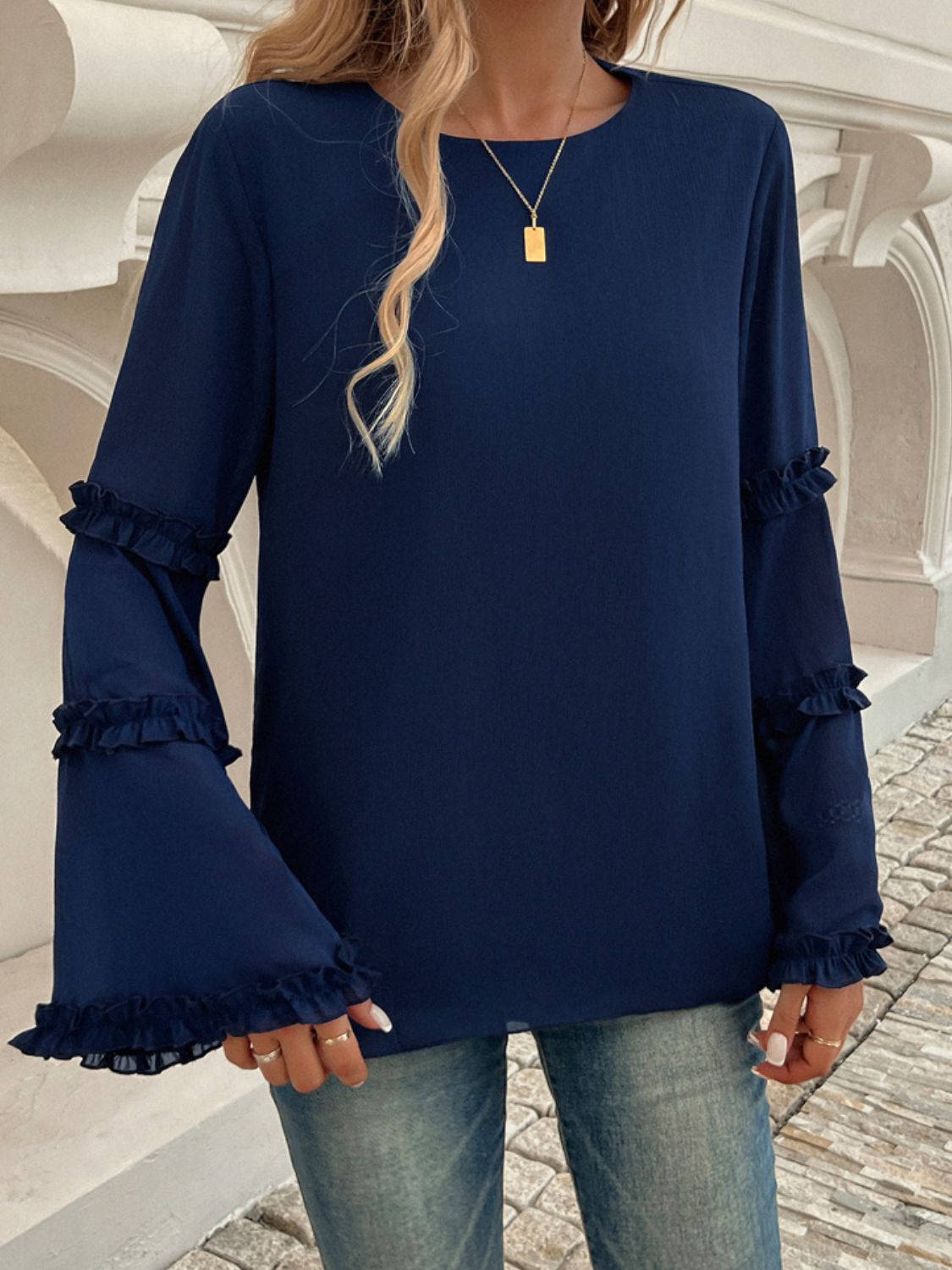 Devine Frill Round Neck Long Sleeve Top-TOPS / DRESSES-[Adult]-[Female]-2022 Online Blue Zone Planet