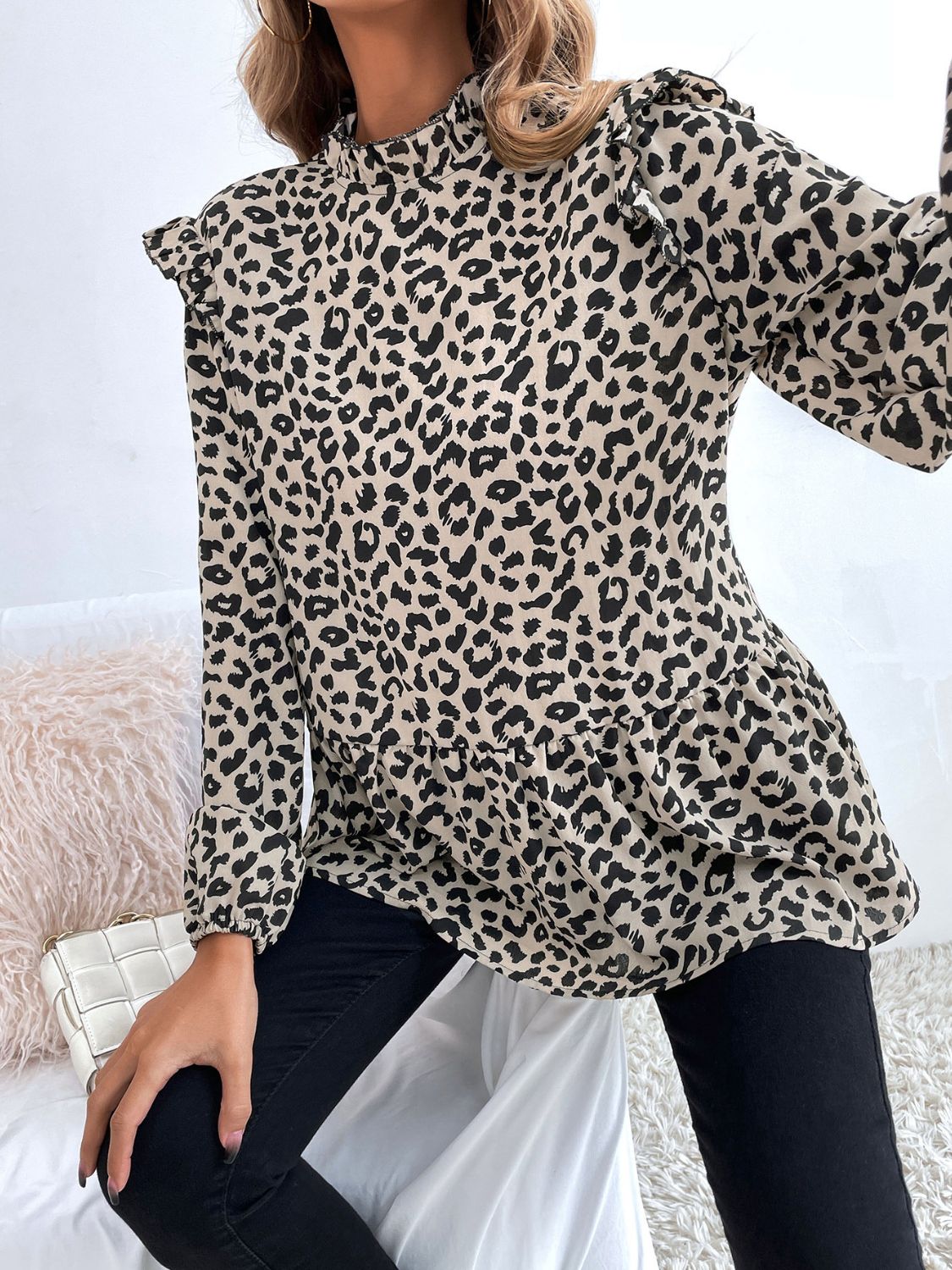 Ruffled Leopard Mock Neck Long Sleeve Blouse-TOPS / DRESSES-[Adult]-[Female]-2022 Online Blue Zone Planet