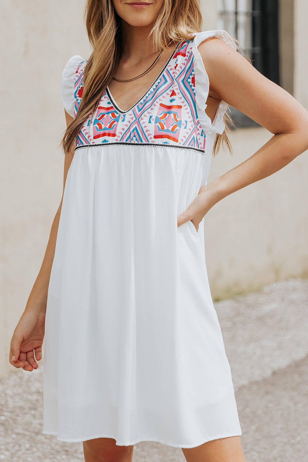 Ruffled Geometric V-Neck Sleeveless Dress-TOPS / DRESSES-[Adult]-[Female]-White-S-2022 Online Blue Zone Planet