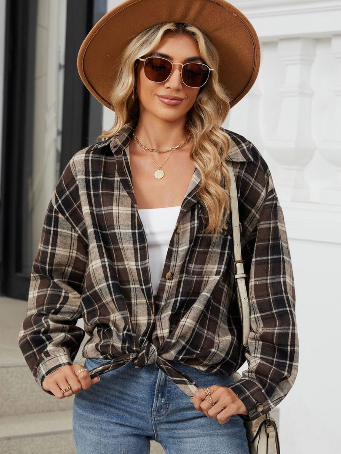 Plaid Collared Neck Long Sleeve Shirt-TOPS / DRESSES-[Adult]-[Female]-Coffee Brown-S-2022 Online Blue Zone Planet