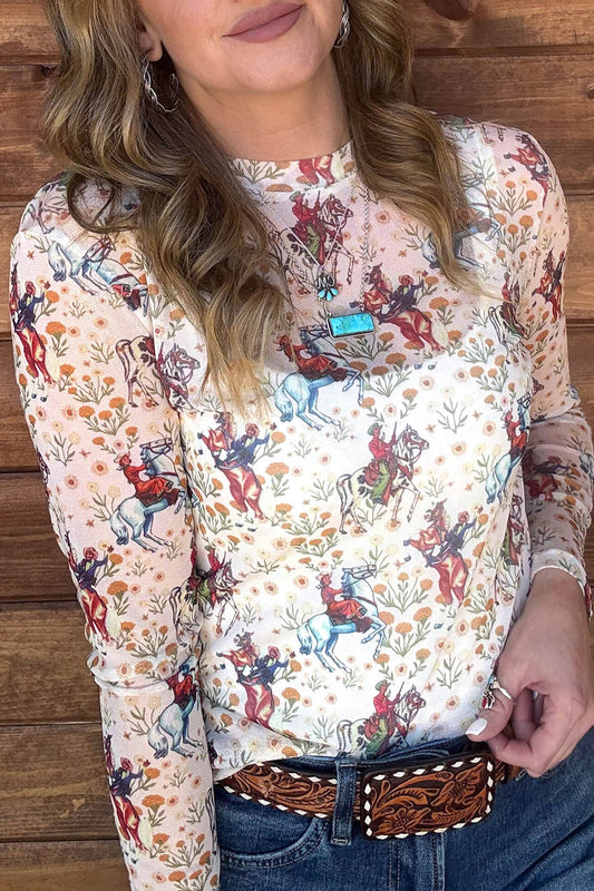 Beige Western Cowboy Floral Print Sheer Mesh Long Sleeve Top-Tops/Long Sleeve Tops-[Adult]-[Female]-Beige-S-2022 Online Blue Zone Planet