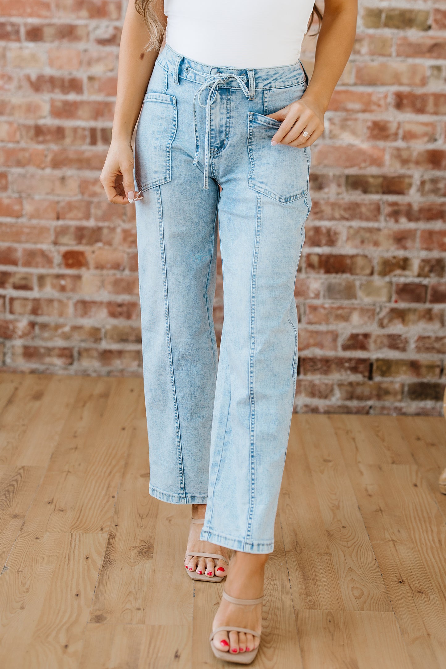Myosotis Exposed Stitch Detail Drawstring Barrel Jeans-Bottoms/Jeans-[Adult]-[Female]-2022 Online Blue Zone Planet