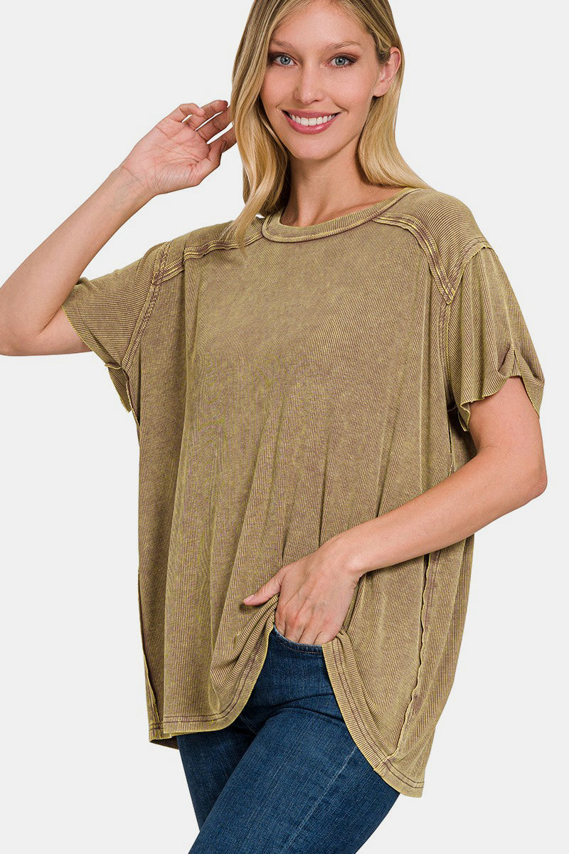 Zenana Washed Ribbed Short Sleeve Top-TOPS / DRESSES-[Adult]-[Female]-Mocha-S/M-2022 Online Blue Zone Planet