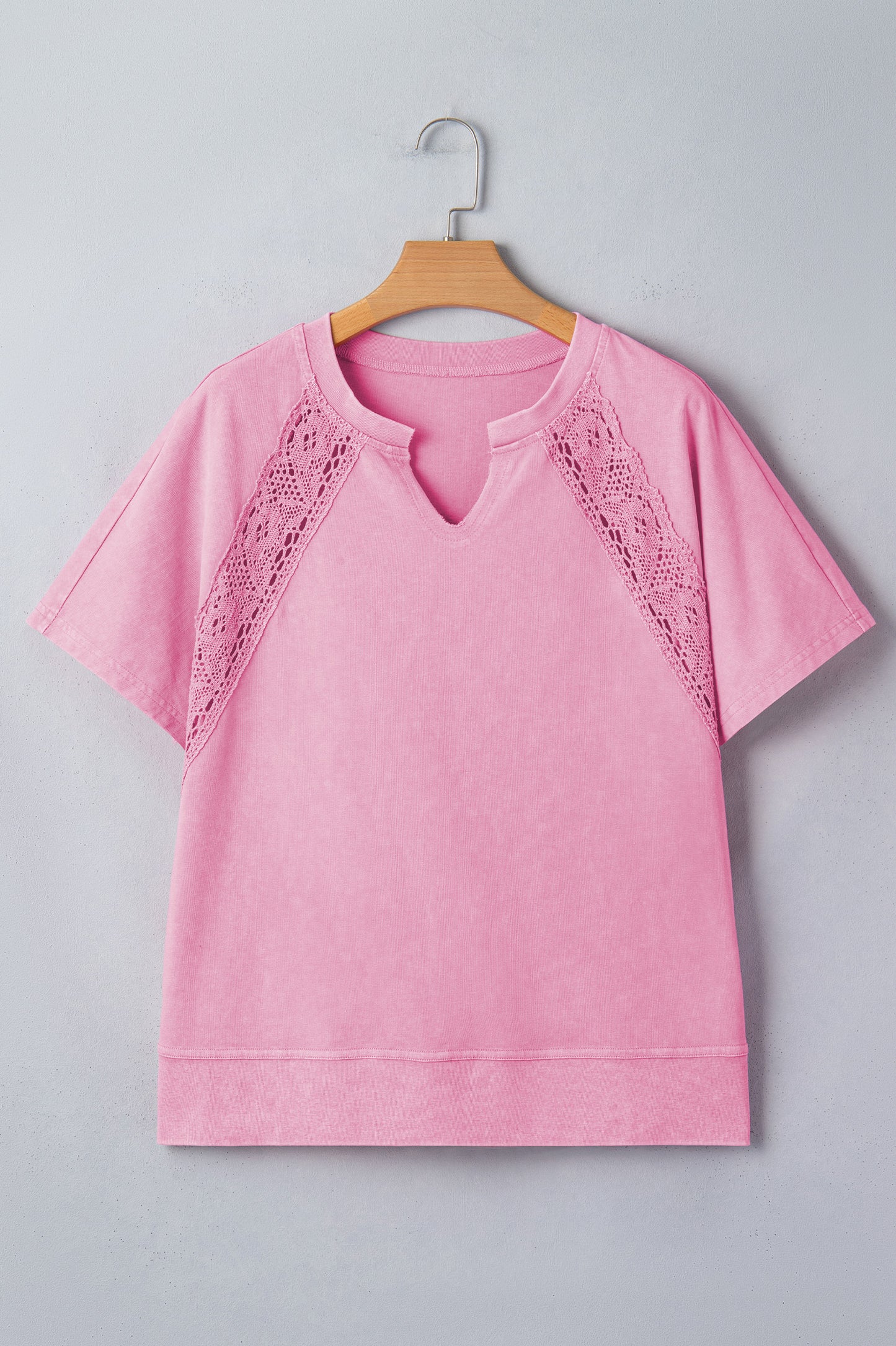 Mint Green Raw Cut Notched Neck Lace Patchwork Detail Mineral Wash Tee-Tops/Tops & Tees-[Adult]-[Female]-2022 Online Blue Zone Planet