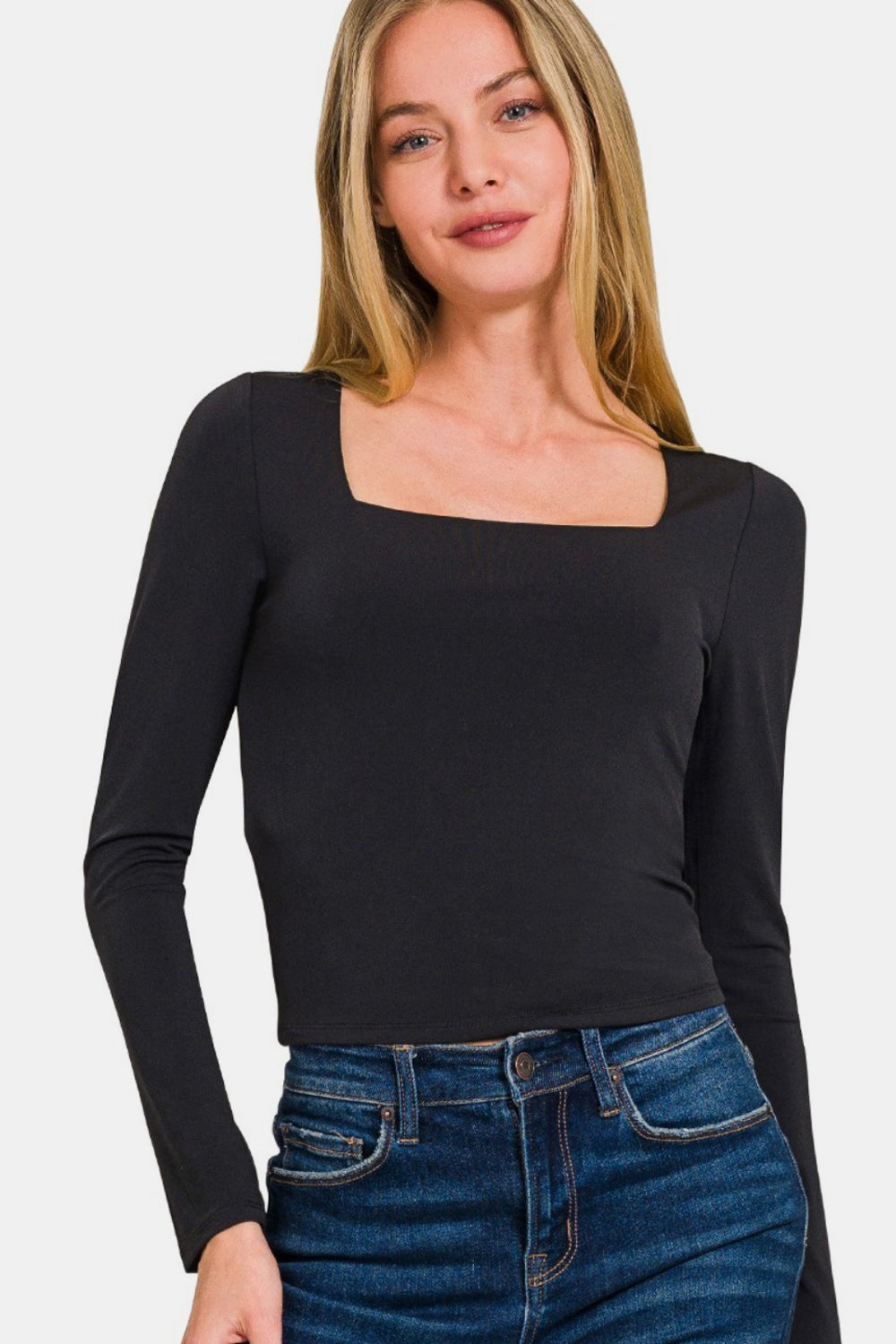 Zenana Square Neck Fitted Long Sleeve T-Shirt-TOPS / DRESSES-[Adult]-[Female]-Black-S-2022 Online Blue Zone Planet