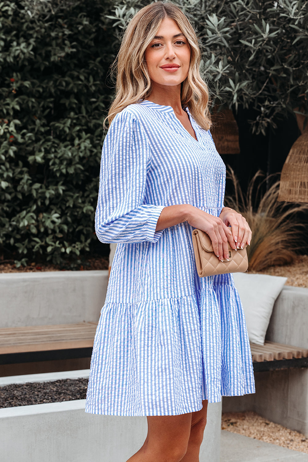Sky Blue Stripe Bracelet Sleeve Tiered Shift Dress with Pockets-TOPS / DRESSES-[Adult]-[Female]-2022 Online Blue Zone Planet