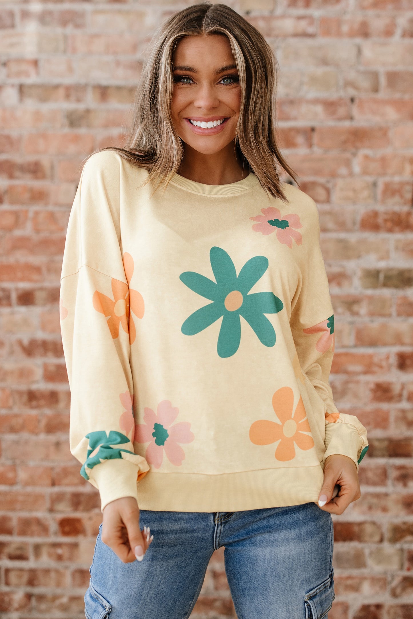 Khaki Mineral Washed French Terry Flower Print Sweatshirt-Tops/Sweatshirts & Hoodies-[Adult]-[Female]-2022 Online Blue Zone Planet