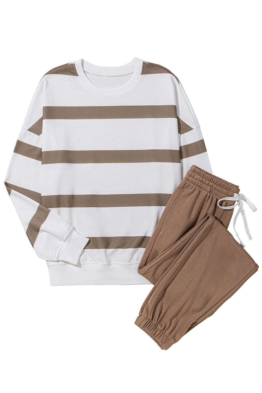 Blue Zone Planet | Light French Beige Striped Drop Shoulder Pullover and Joggers Set-Two Piece Pants Sets-[Adult]-[Female]-2022 Online Blue Zone Planet