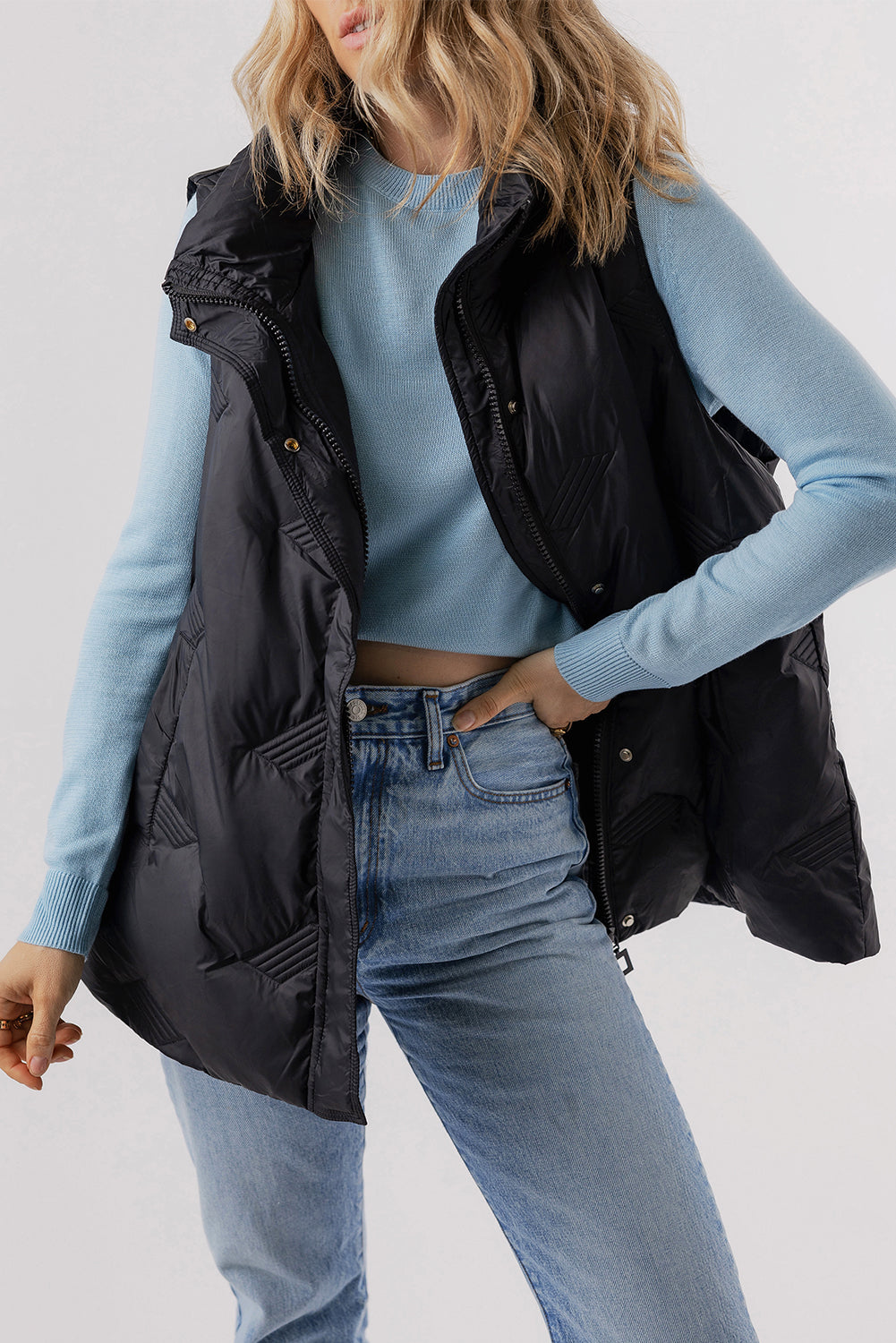 Black Quilted High Neck Zip Up Jacket Vest-Outerwear/Vests-[Adult]-[Female]-2022 Online Blue Zone Planet