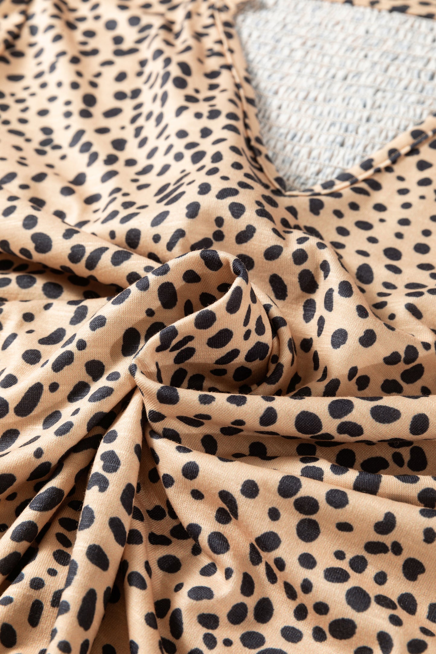 Apricot Cheeath Print Frilled V Neck Shirred Detail Short Sleeve Blouse-Tops/Blouses & Shirts-[Adult]-[Female]-2022 Online Blue Zone Planet