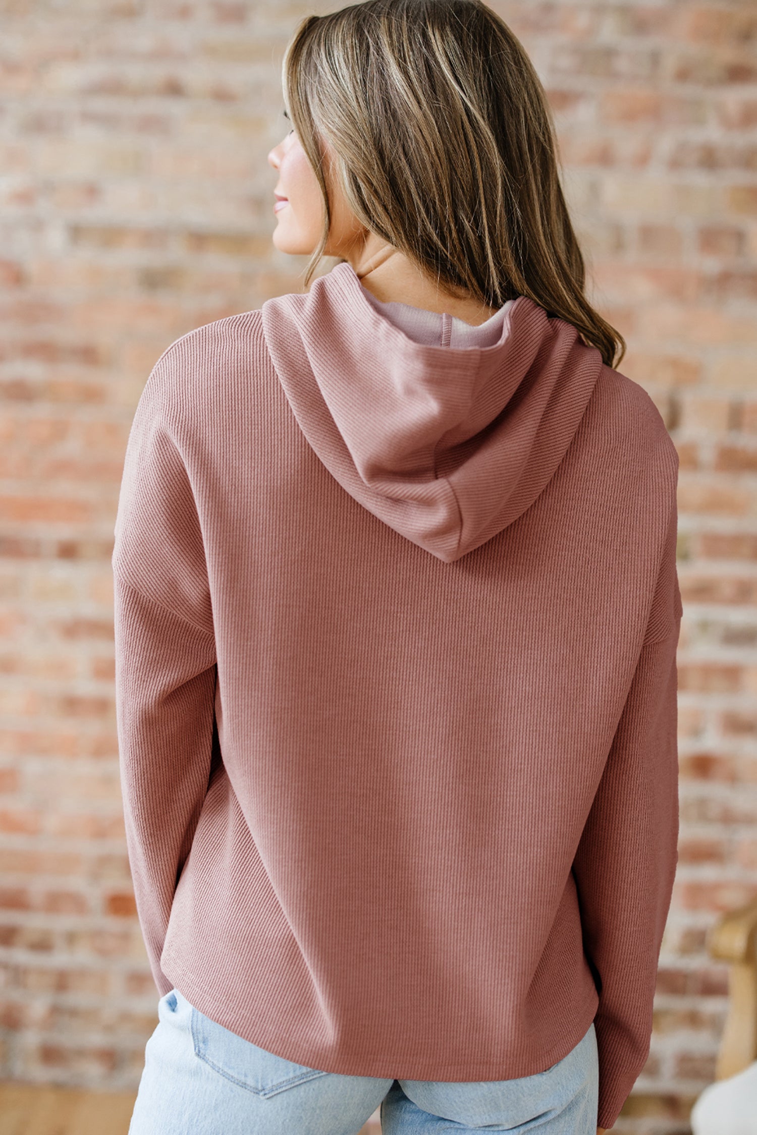 Rose Tan Thermal Textured Lace Drawstring Baggy Hoodie-Tops / Dresses-[Adult]-[Female]-2022 Online Blue Zone Planet