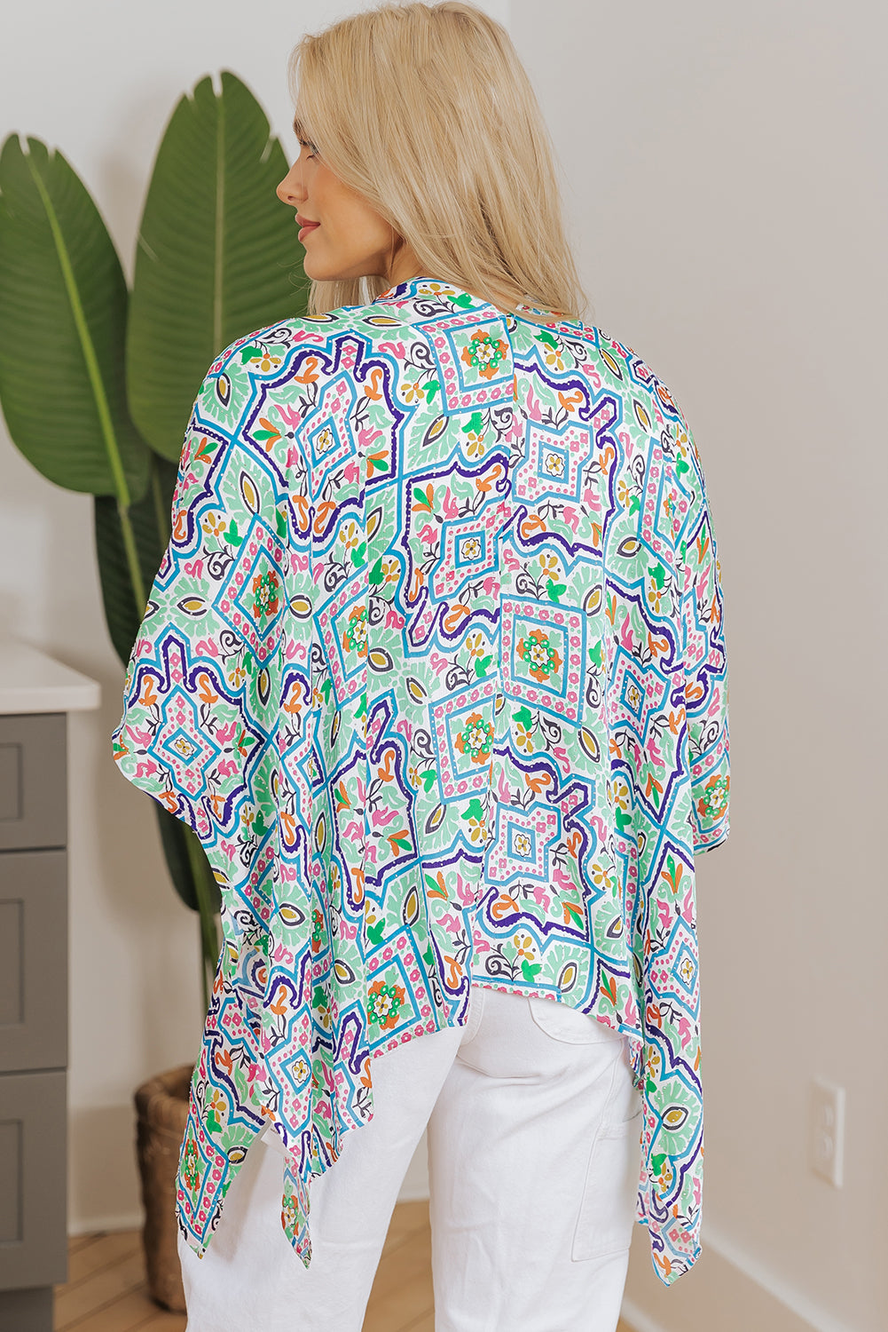 White Boho Floral Printed Rhinestone 3/4 Sleeve Open Front Kimono-Outerwear/Kimonos-[Adult]-[Female]-2022 Online Blue Zone Planet