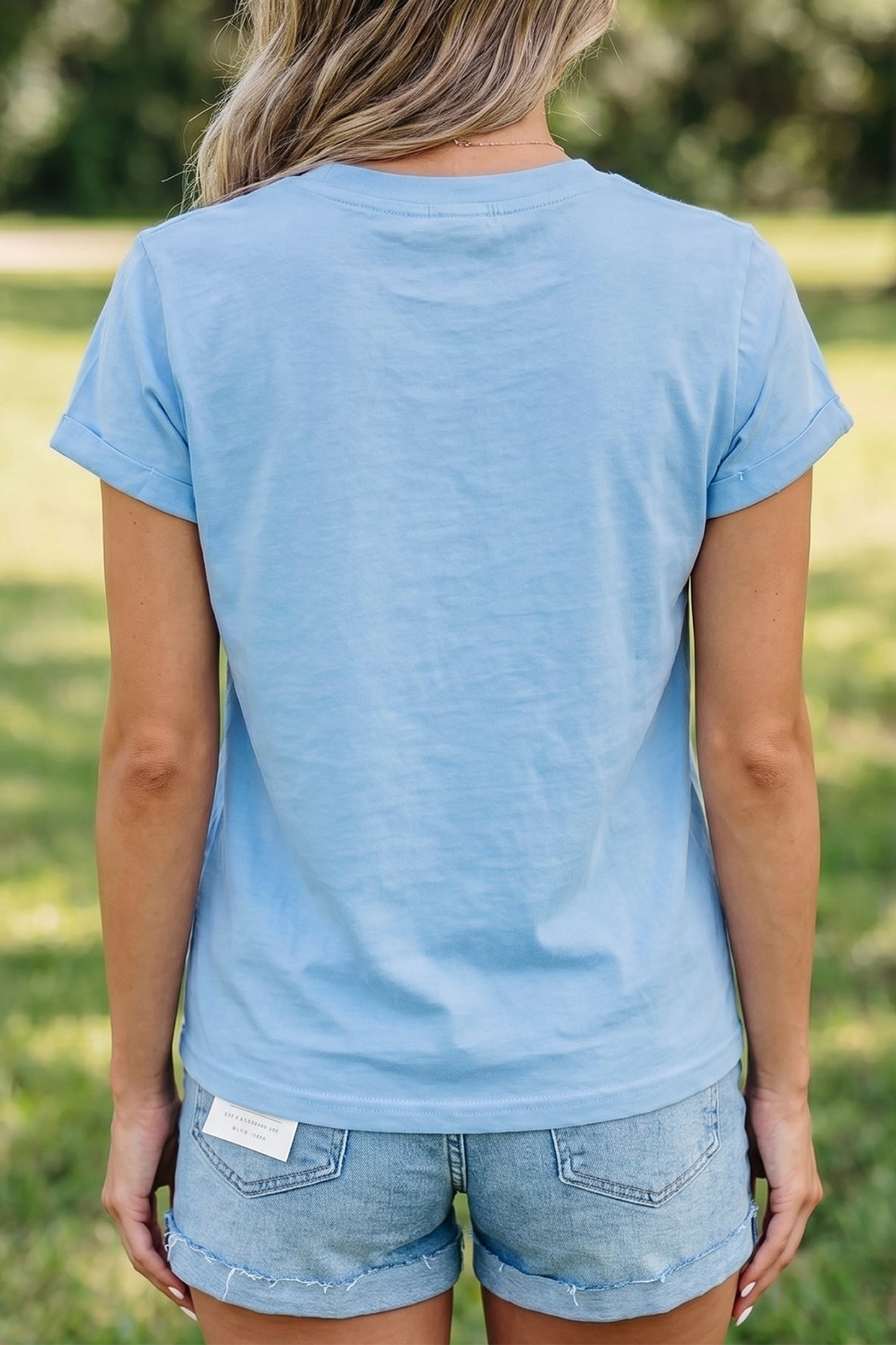 Mist Blue Usa Flag Textured Patchwork Cap Sleeve Tee-Tops/Tops & Tees-[Adult]-[Female]-2022 Online Blue Zone Planet