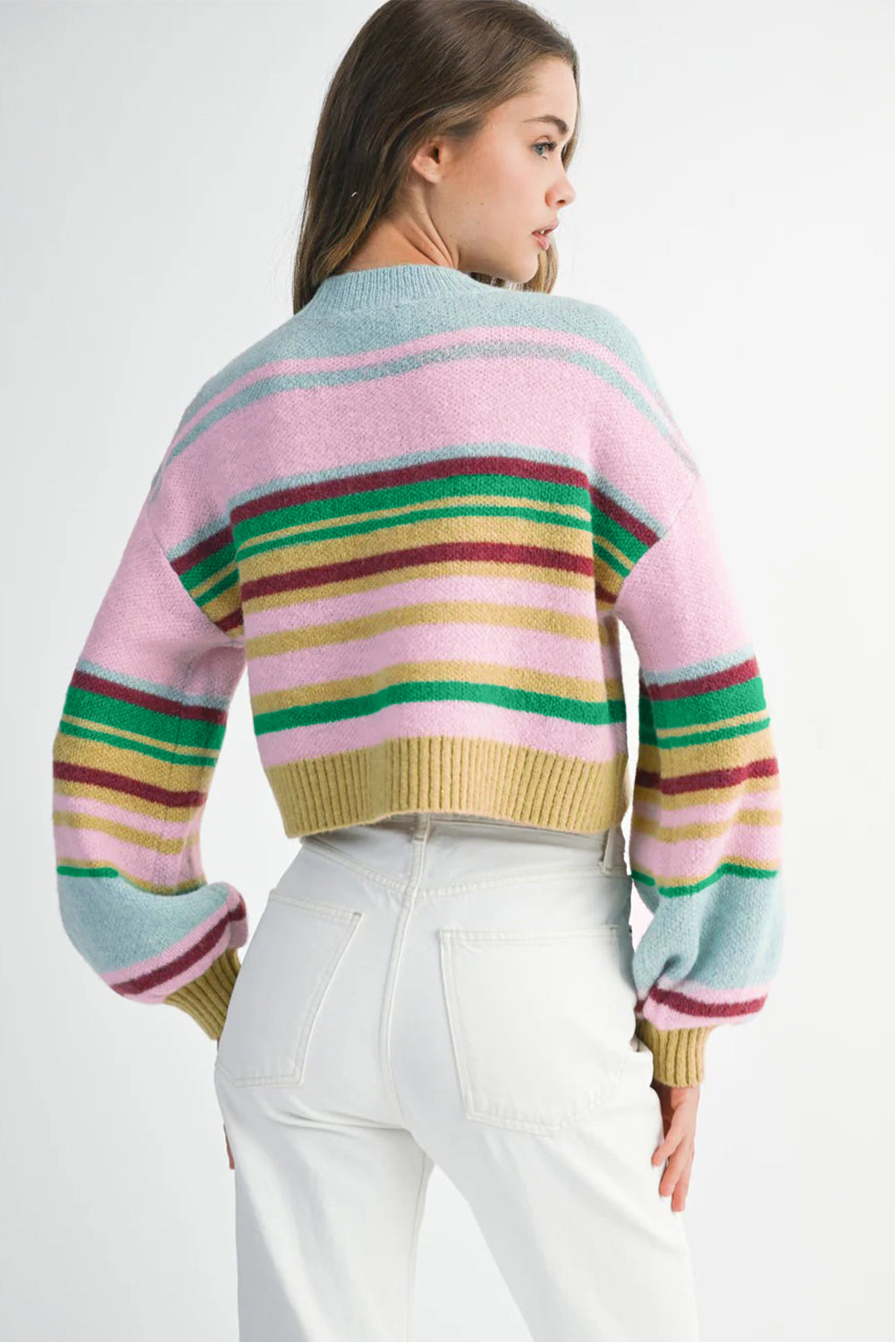 Multicolour Striped Knit Ribbed Trim Boxy Fit Cropped Sweater-Sweaters & Cardigans/Sweaters-[Adult]-[Female]-2022 Online Blue Zone Planet