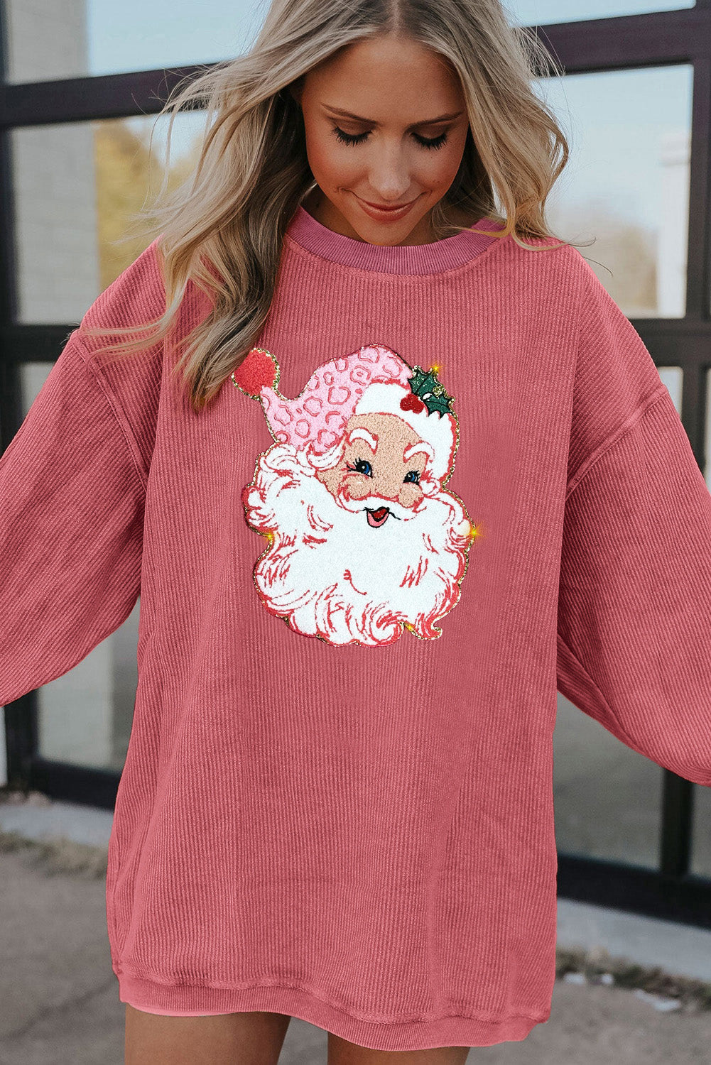 Strawberry Pink Santa Claus Sparkle Corded Crew Neck Sweatshirt-Graphic/Graphic Sweatshirts-[Adult]-[Female]-2022 Online Blue Zone Planet