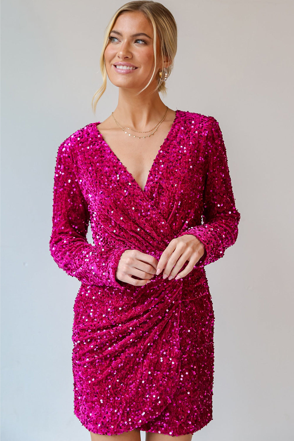 Pitaya Pink Velvet Sequin Long Sleeve V Neck Wrapped Mini Dress-Short Dresses-[Adult]-[Female]-2022 Online Blue Zone Planet