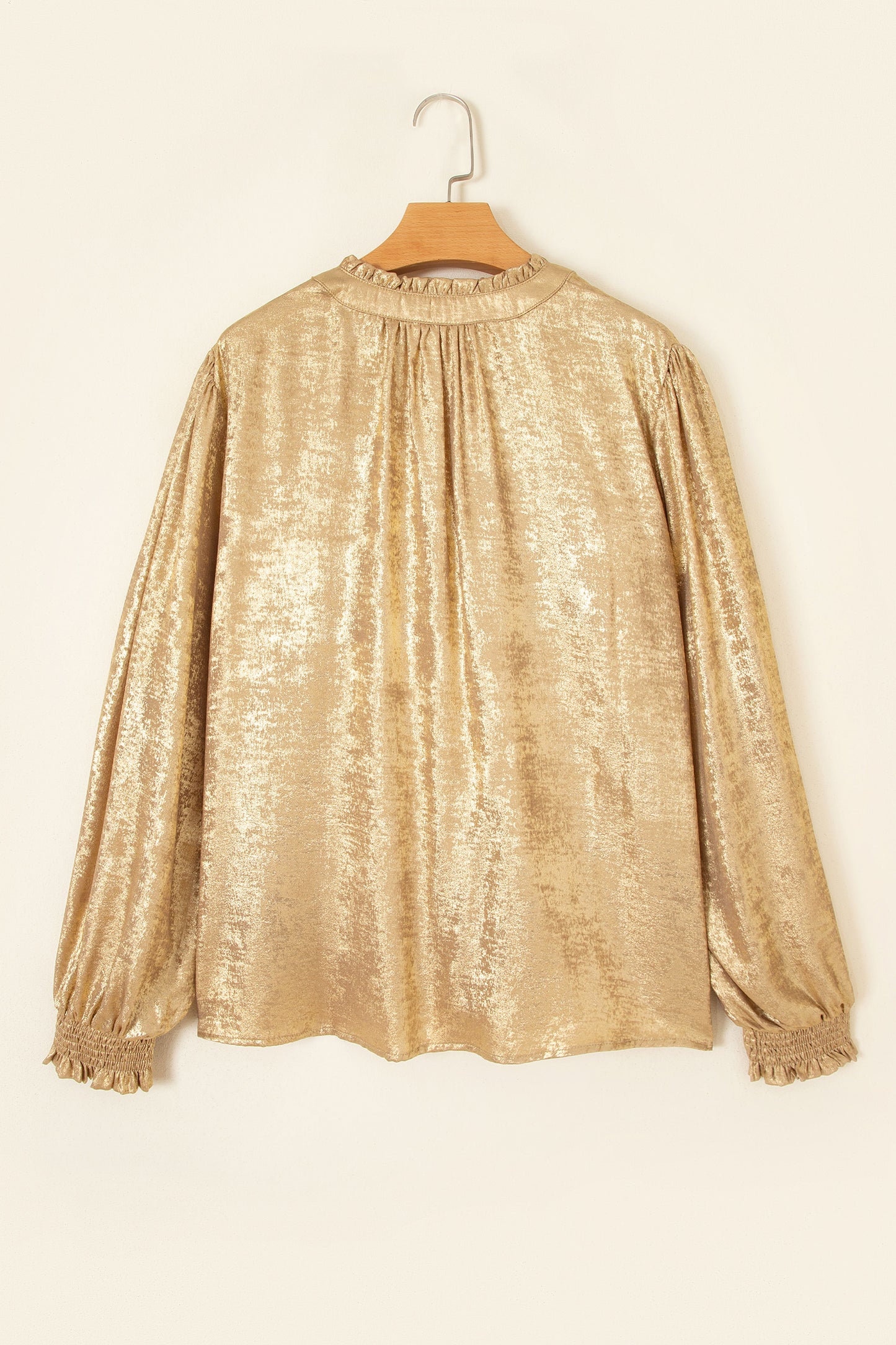 Gold Metallic Sheen V Neck Gathered Cuff Long Sleeve Blouse-Tops/Blouses & Shirts-[Adult]-[Female]-2022 Online Blue Zone Planet