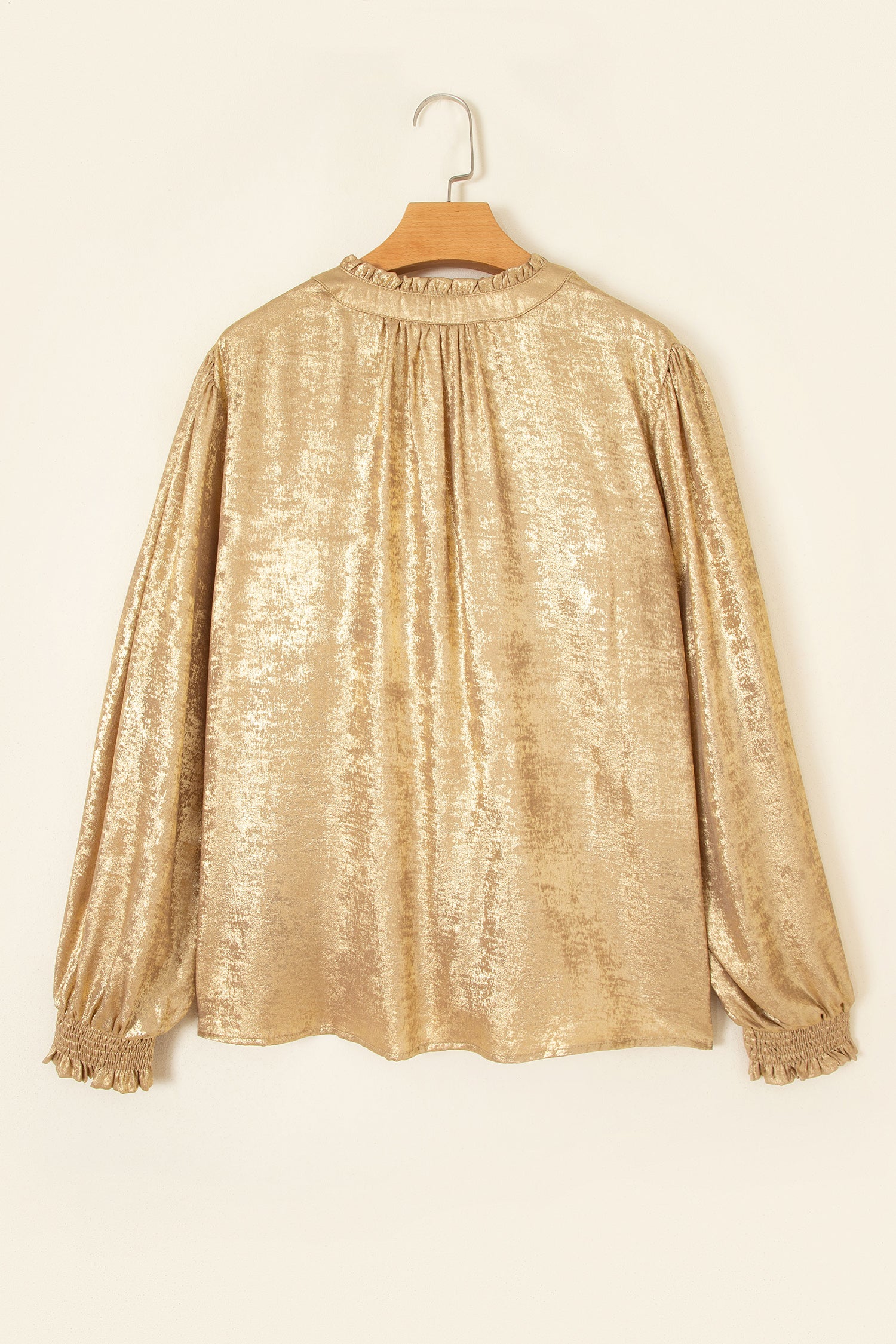 Gold Metallic Sheen V Neck Gathered Cuff Long Sleeve Blouse-Tops/Blouses & Shirts-[Adult]-[Female]-2022 Online Blue Zone Planet