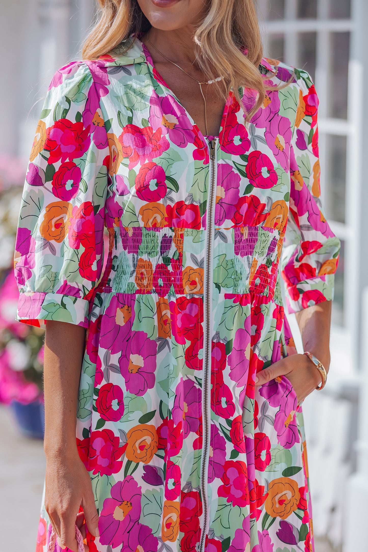 Rose Vibrant Floral Print V Neck Zip Up Puffy Half Sleeve Dress-Dresses/Floral Dresses-[Adult]-[Female]-2022 Online Blue Zone Planet