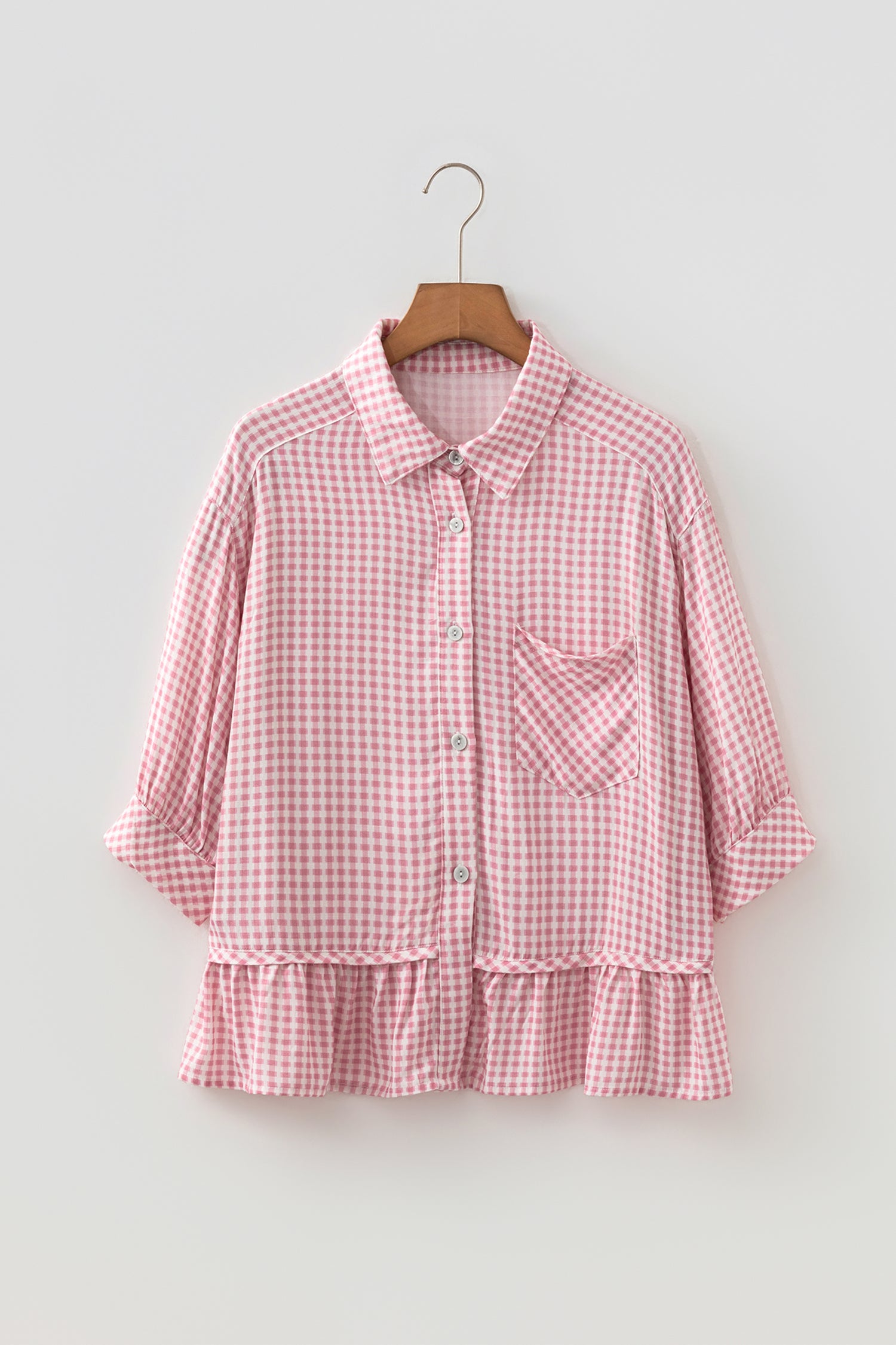 Pink Plaid Half Sleeve Ruffle Hem Button Down Shirt-Tops/Blouses & Shirts-[Adult]-[Female]-2022 Online Blue Zone Planet