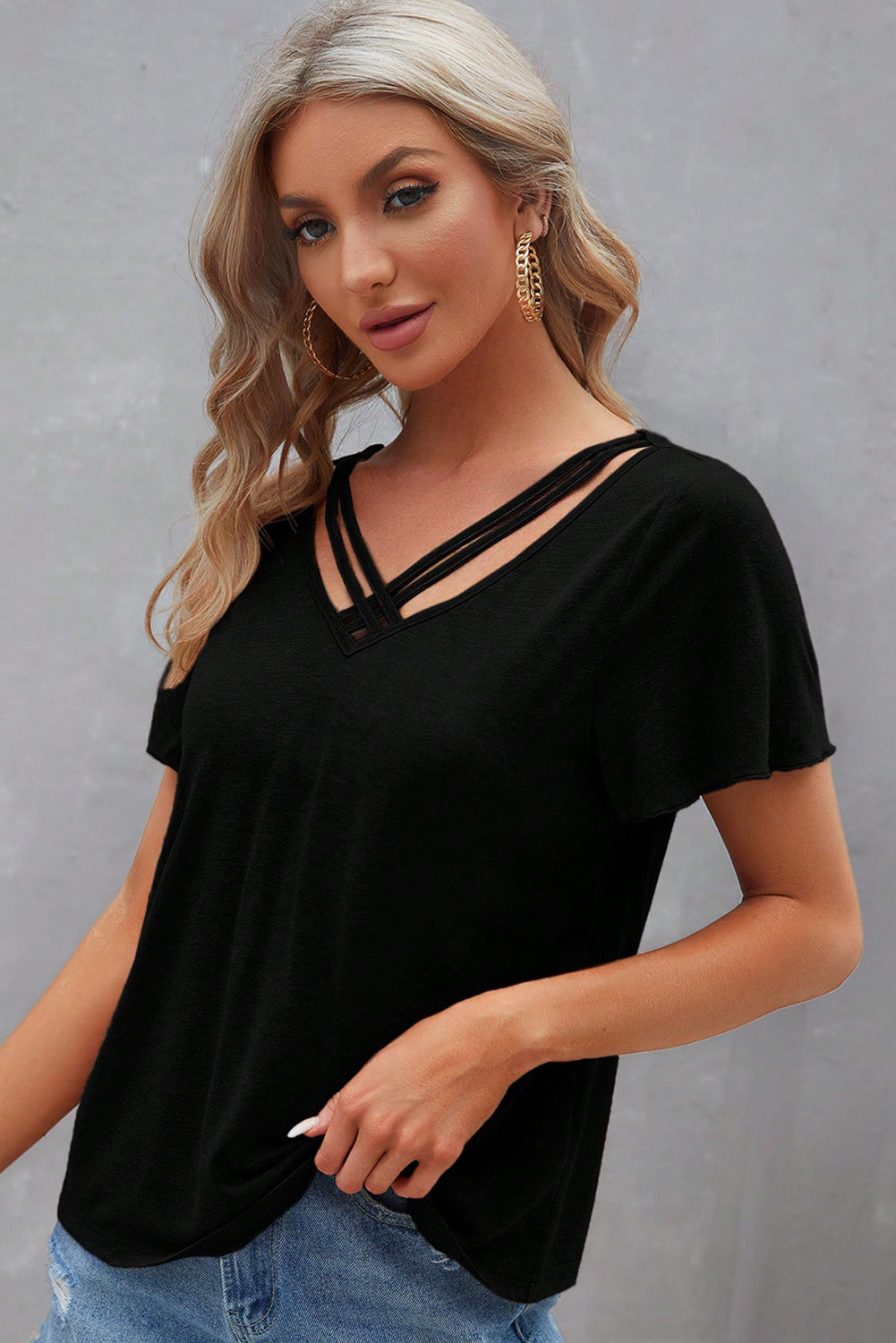 Black Crisscross V Neck Butterfly Sleeve T Shirt-Tops/Tops & Tees-[Adult]-[Female]-2022 Online Blue Zone Planet