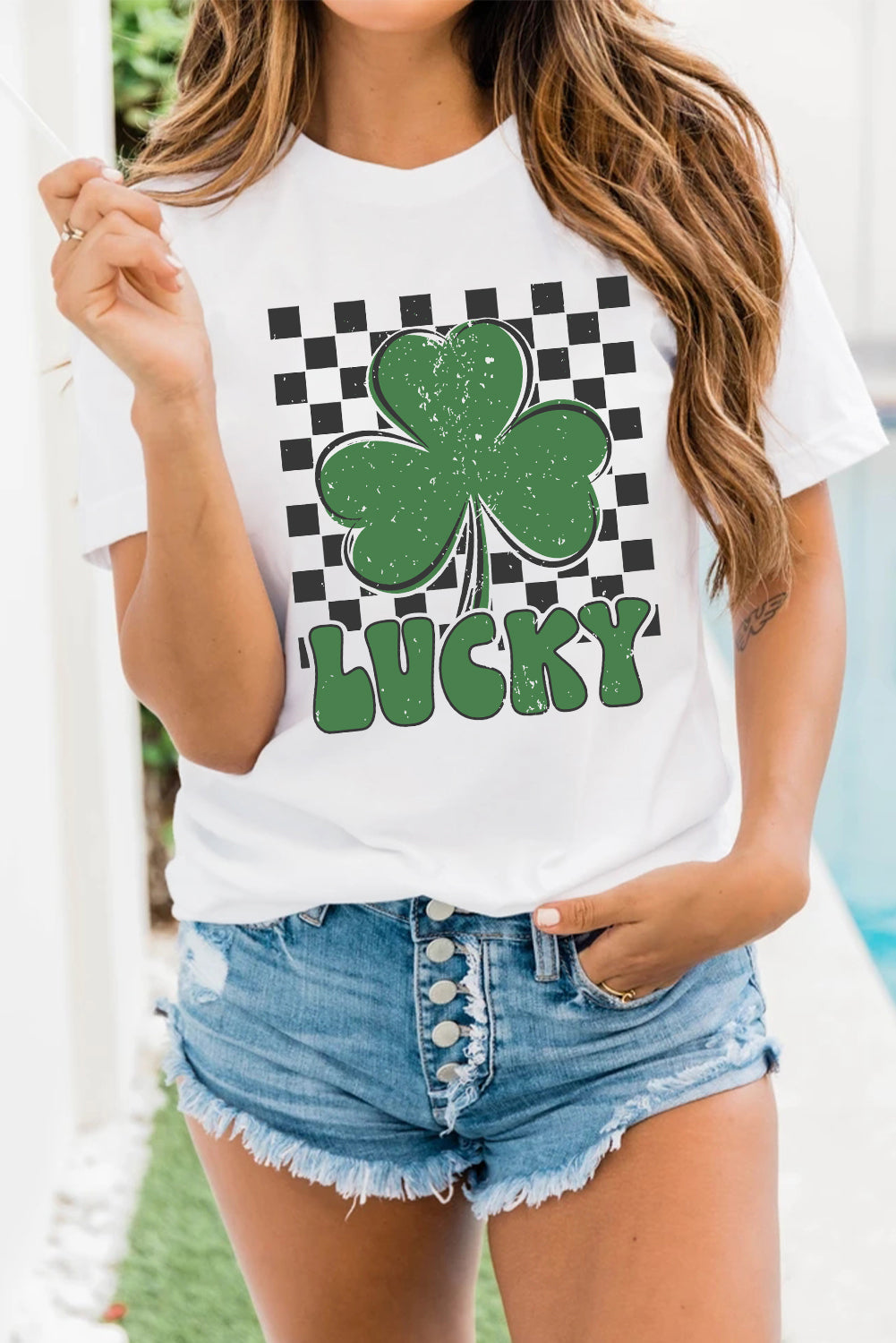 White Checker Lucky Clover Printed St Patricks T Shirt