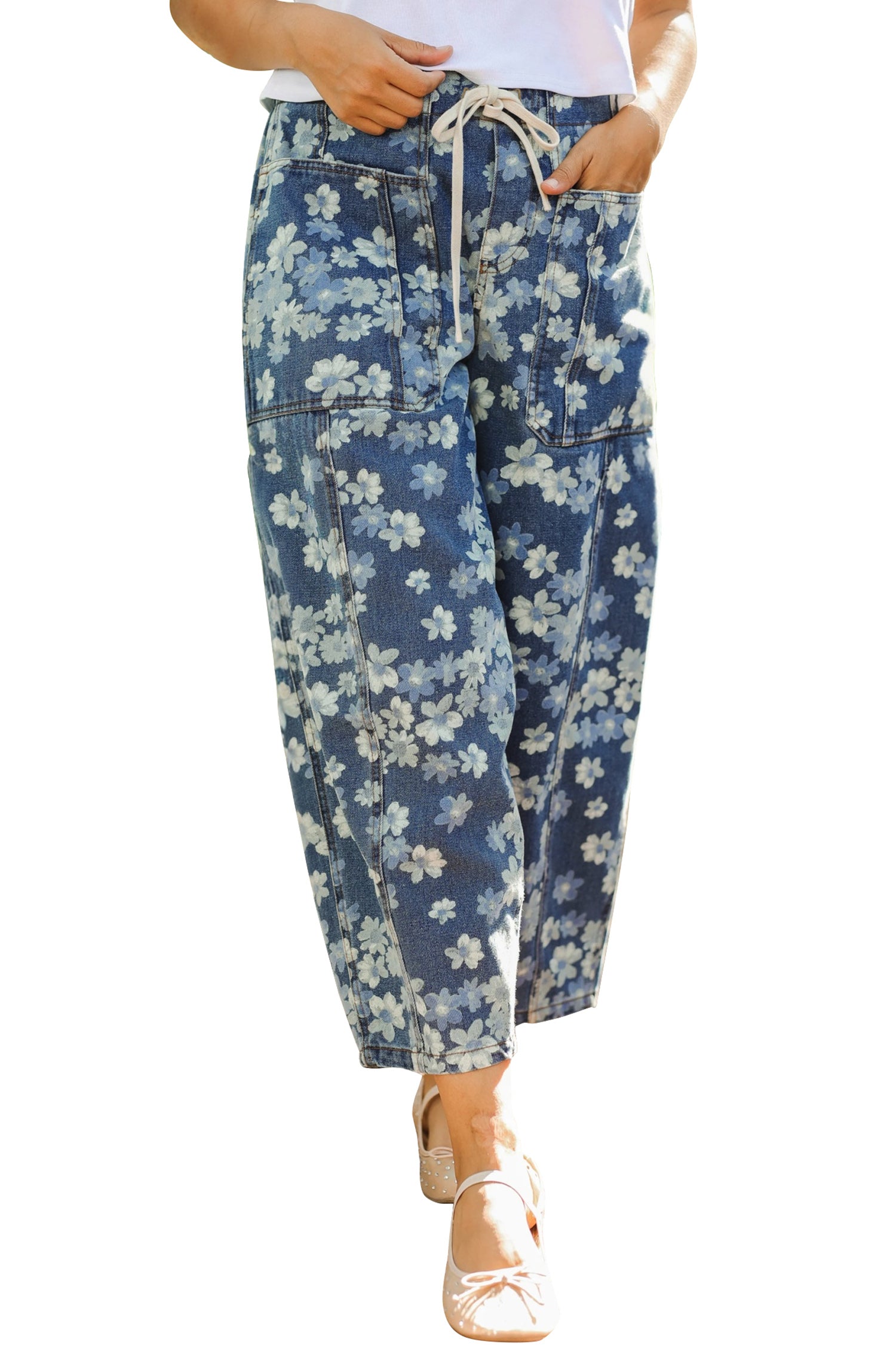 Sky Blue Dainty Floral Printed Drawstring Barrel Jeans-Bottoms/Jeans-[Adult]-[Female]-2022 Online Blue Zone Planet