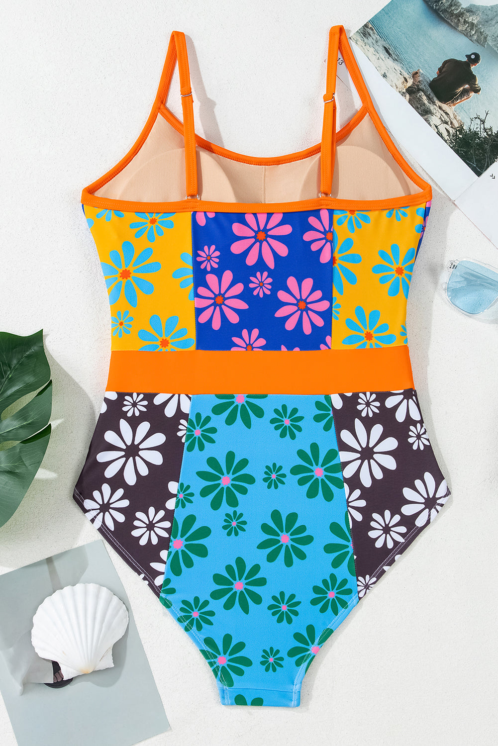 Orange Floral Colorblock Buttoned Front Spaghetti Straps Swimsuit-One-Piece-[Adult]-[Female]-2022 Online Blue Zone Planet