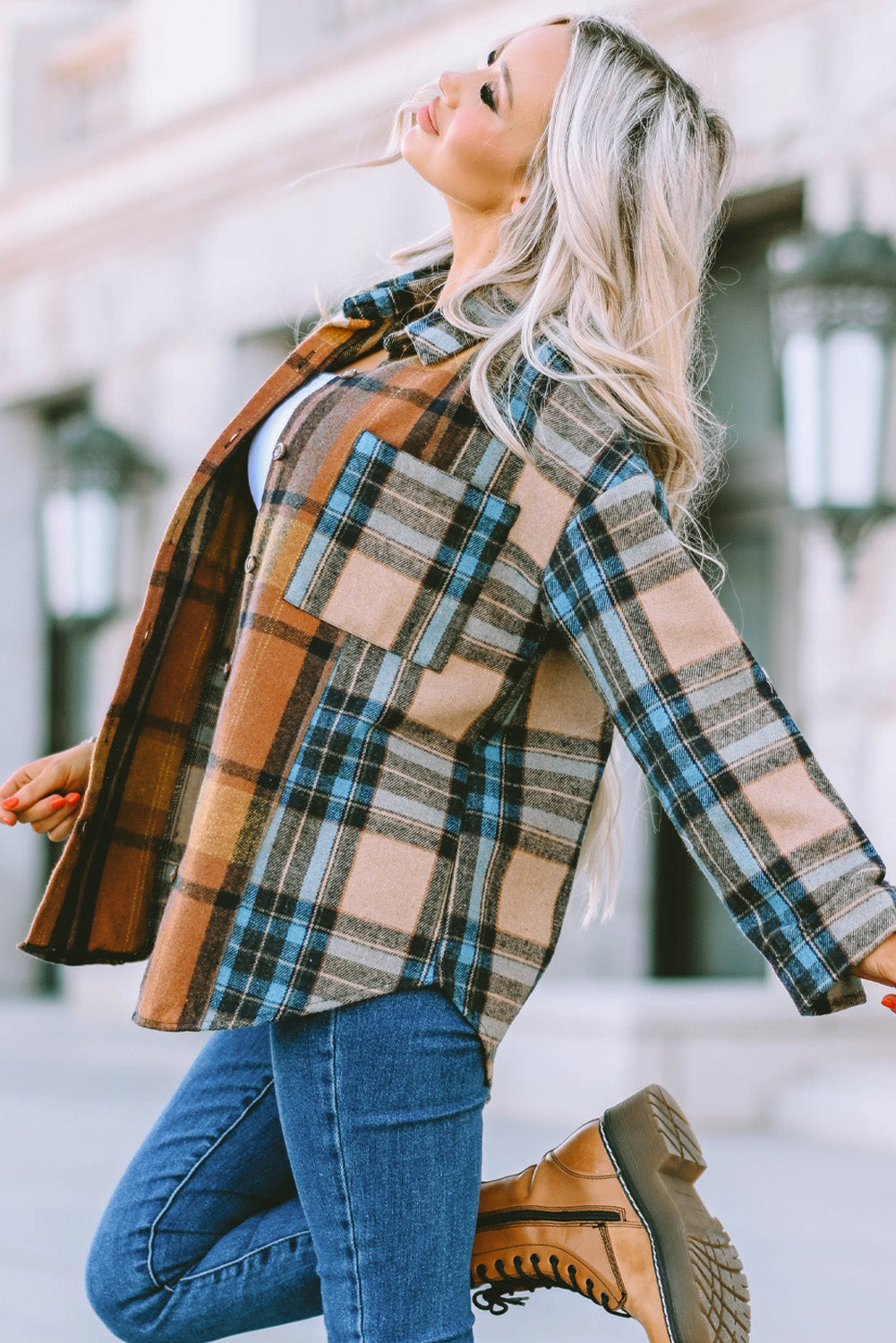 Brown Plaid Color Block Buttoned Shirt with Pockets-Tops/Blouses & Shirts-[Adult]-[Female]-2022 Online Blue Zone Planet