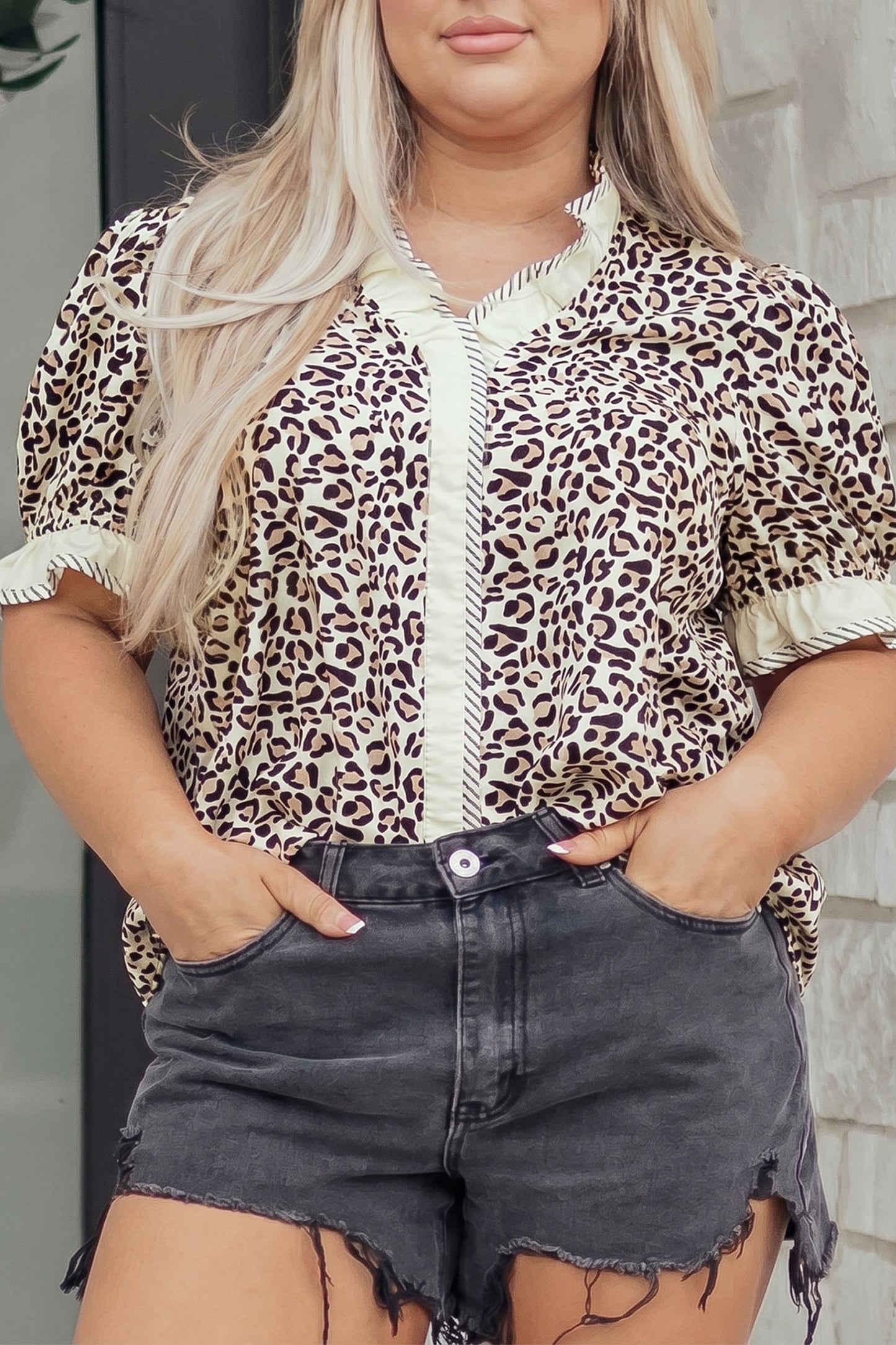 Black Plus Leopard Print Striped Color Block Trim Frilled V Neck Short Sleeve Blouse-Plus Size/Plus Size Tops/Plus Size Blouses & Shirts-[Adult]-[Female]-Black-1X-2022 Online Blue Zone Planet