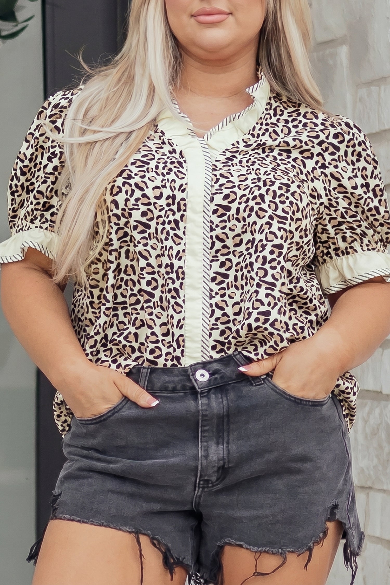Black Plus Leopard Print Striped Color Block Trim Frilled V Neck Short Sleeve Blouse-Plus Size/Plus Size Tops/Plus Size Blouses & Shirts-[Adult]-[Female]-Black-1X-2022 Online Blue Zone Planet