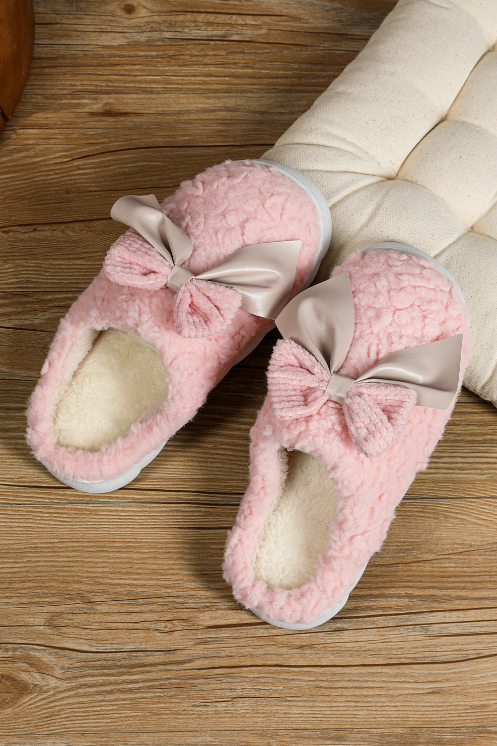 Blue Zone Planet | Pink Contrast Bowknot Applique Plush Winter Slippers-SHOES-[Adult]-[Female]-2022 Online Blue Zone Planet