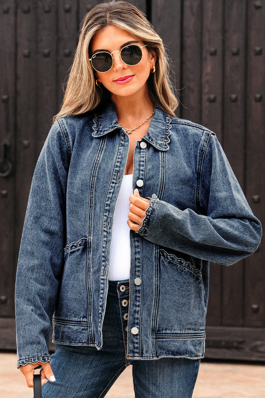 Sail Blue Scallop Trim Collar Patched Pocket Button Up Denim Jacket