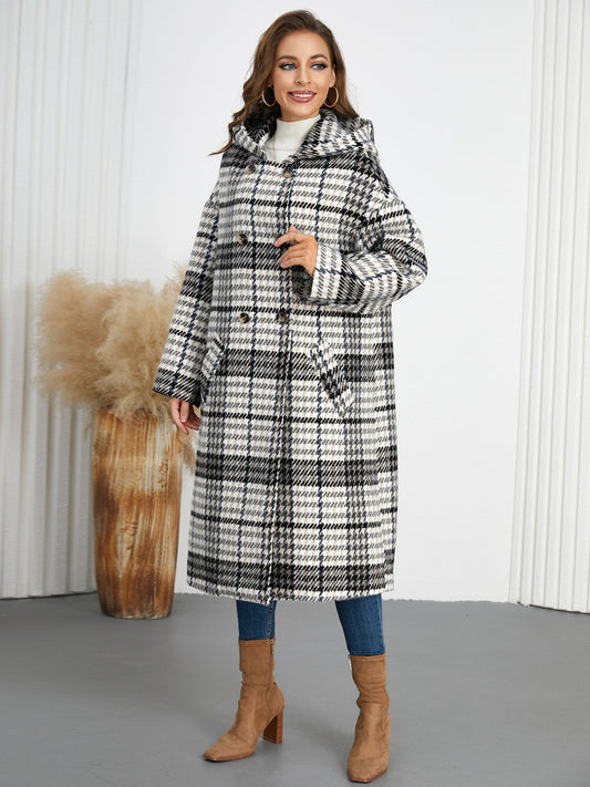 Blue Zone Planet | Plaid Double-Breasted Long Sleeve Longline Coat-TOPS / DRESSES-[Adult]-[Female]-Black-S-2022 Online Blue Zone Planet