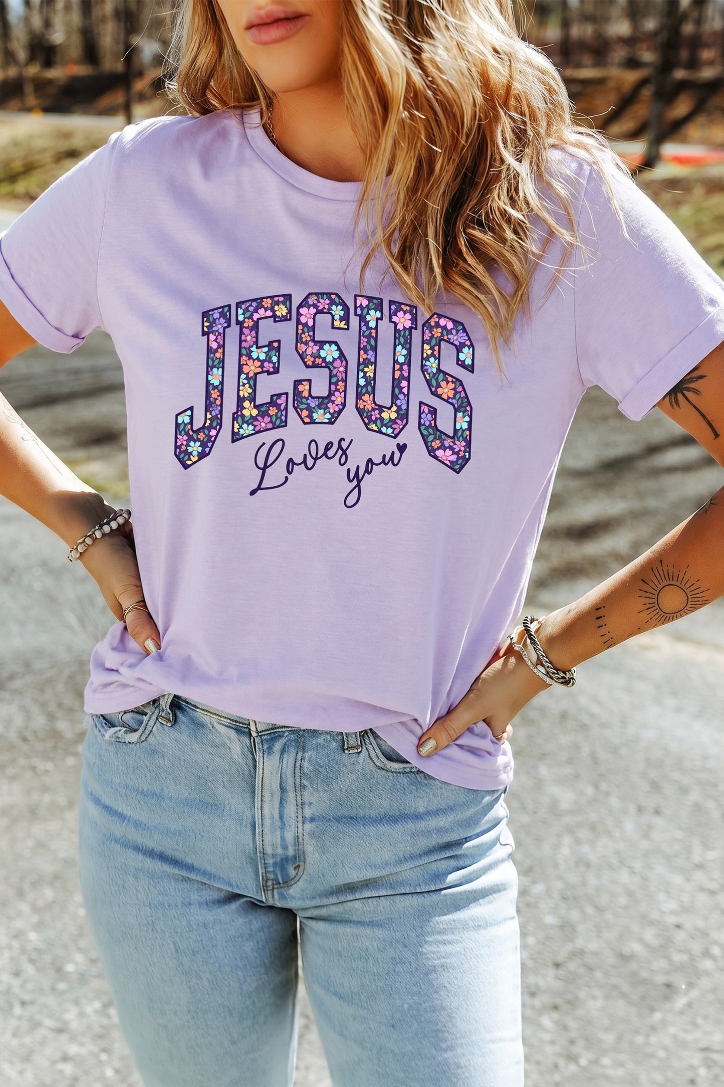 Orchid Petal Christian Floral Letter Graphic Round Neck T Shirt-Graphic/Graphic Tees-[Adult]-[Female]-2022 Online Blue Zone Planet