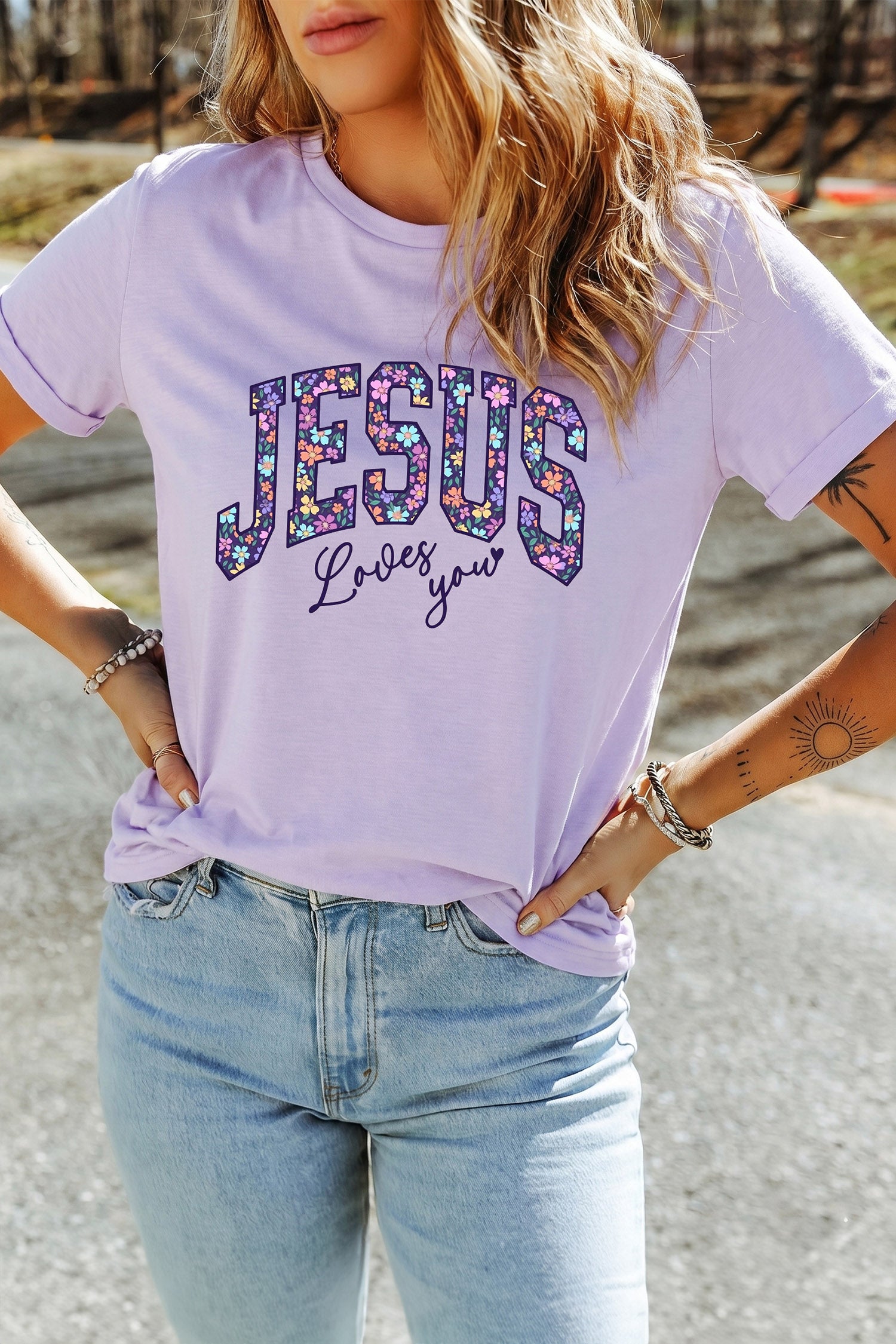 Orchid Petal Christian Floral Letter Graphic Round Neck T Shirt-Graphic/Graphic Tees-[Adult]-[Female]-2022 Online Blue Zone Planet