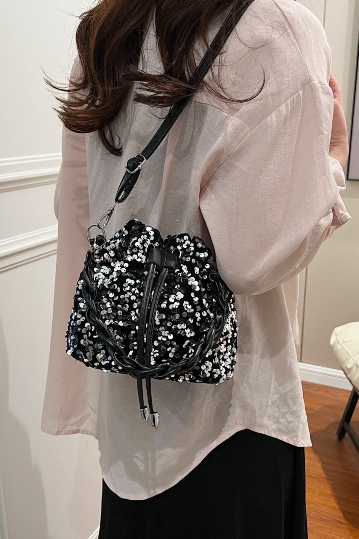 Sequin Drawstring Bucket Bag-HANDBAGS-[Adult]-[Female]-2022 Online Blue Zone Planet