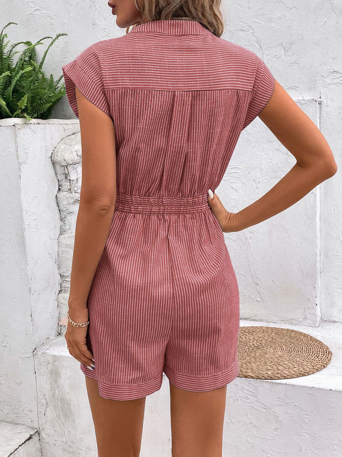 Perfee Striped Notched Tie Waist Romper-TOPS / DRESSES-[Adult]-[Female]-2022 Online Blue Zone Planet