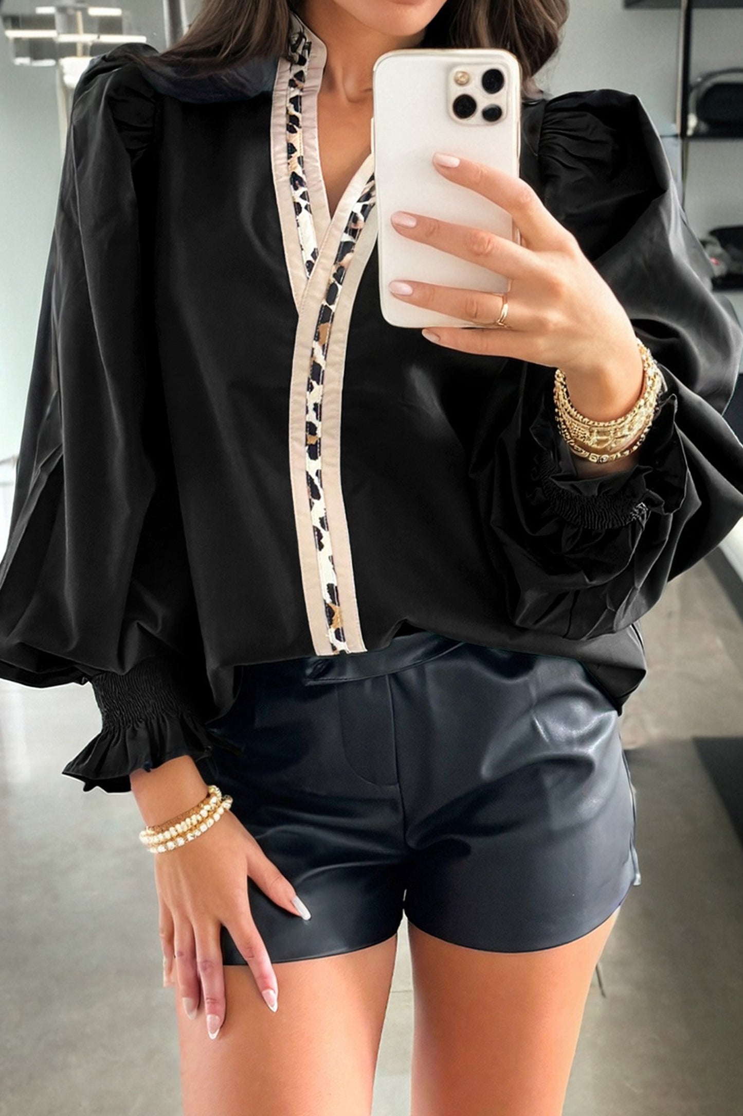 Black Puffy Flounce Sleeve Leopard Trim V Neck Blouse-Tops/Blouses & Shirts-[Adult]-[Female]-2022 Online Blue Zone Planet
