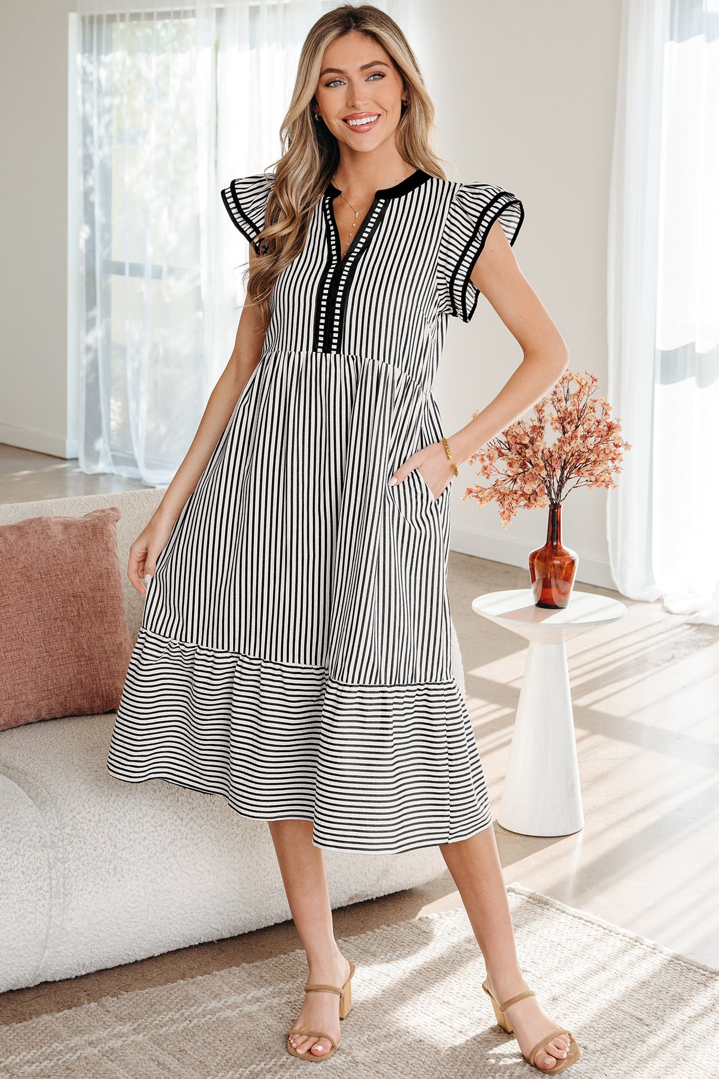 Black Stripe Double Ruffled Short Sleeve Contrast Trim V Neck Midi Dress-TOPS / DRESSES-[Adult]-[Female]-2022 Online Blue Zone Planet