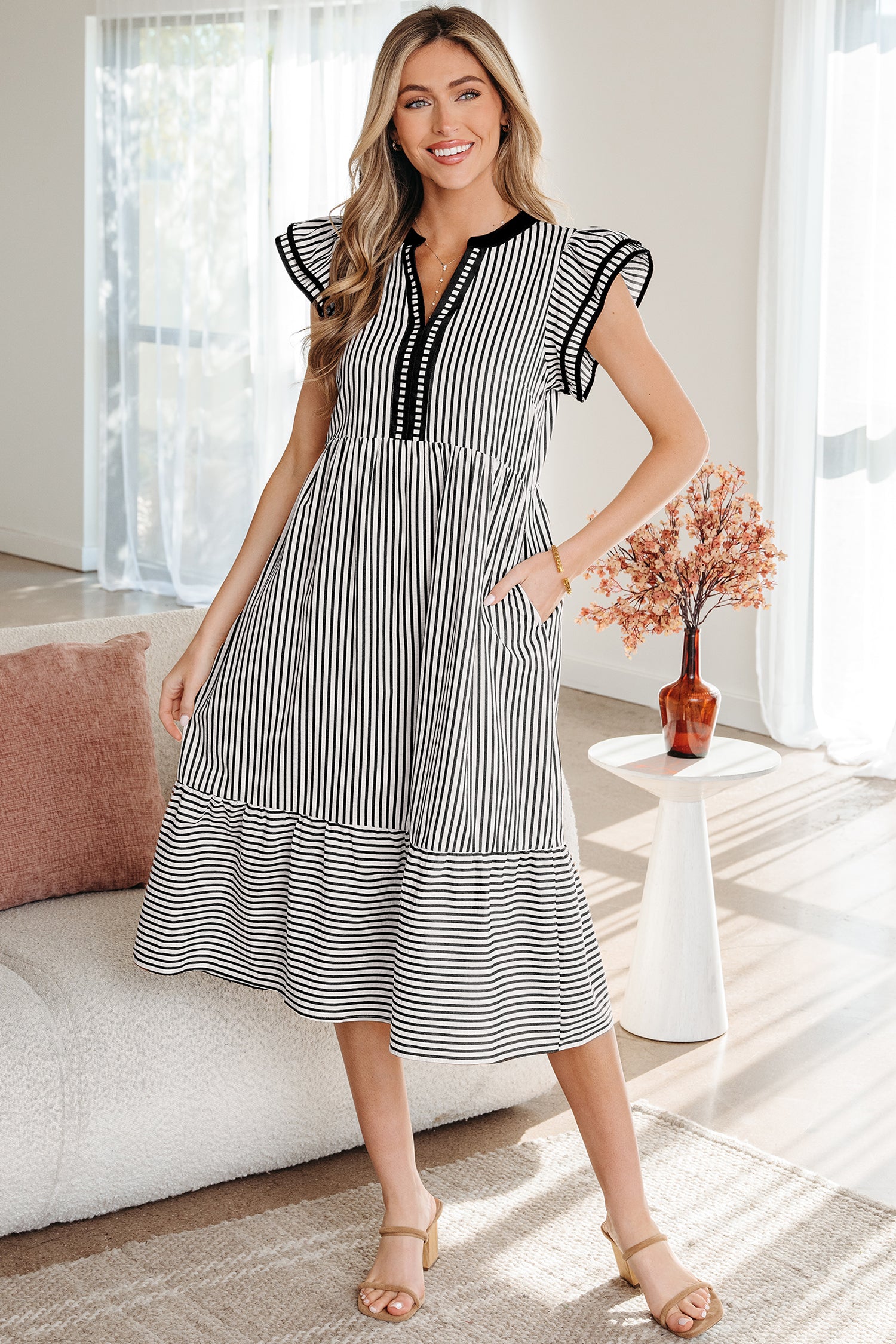 Black Stripe Double Ruffled Short Sleeve Contrast Trim V Neck Midi Dress-TOPS / DRESSES-[Adult]-[Female]-2022 Online Blue Zone Planet