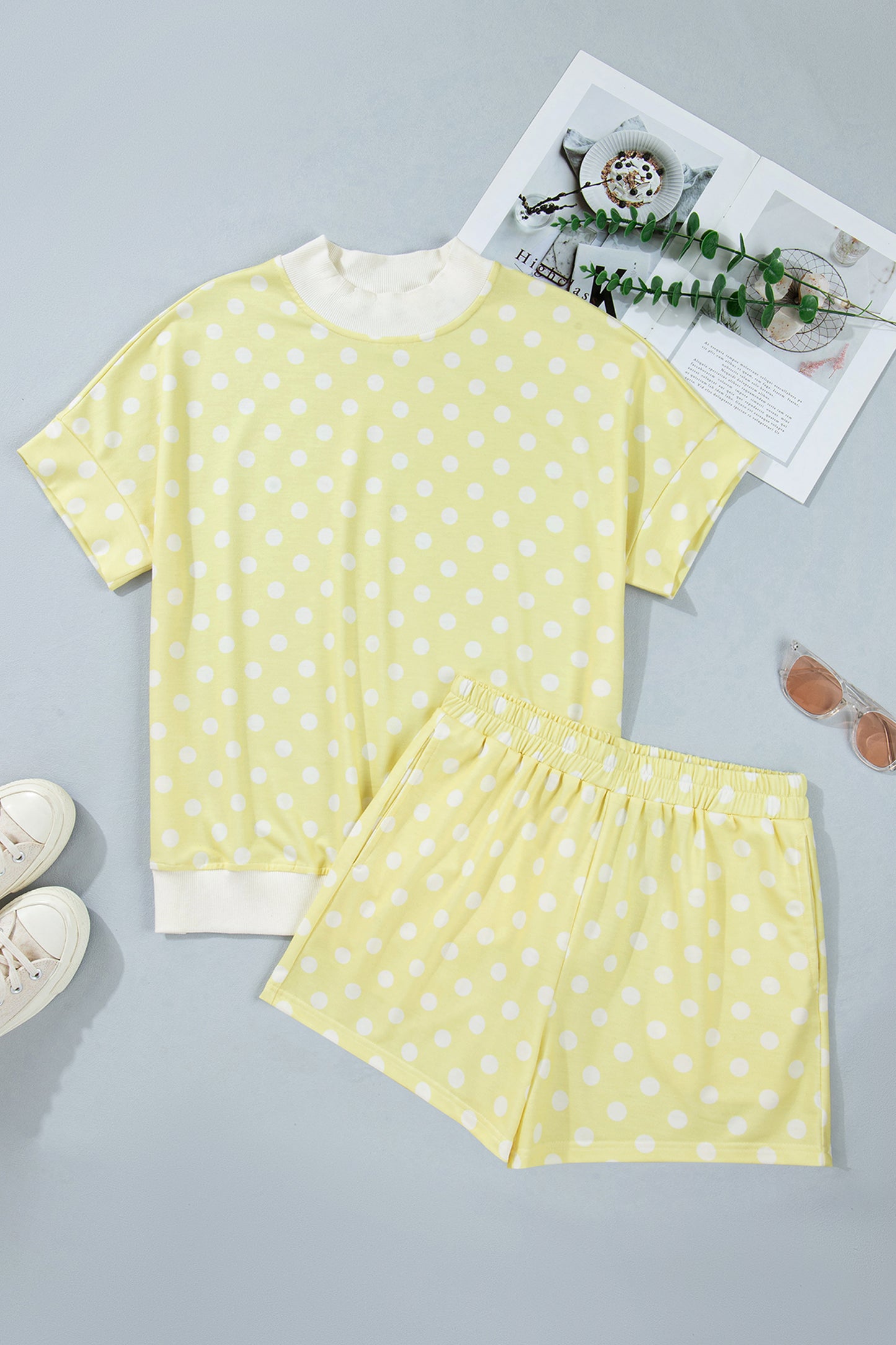 Sky Blue Polka Dot Print Color Block Trim Mock Neck Short Set-Two Piece Sets/Short Sets-[Adult]-[Female]-2022 Online Blue Zone Planet