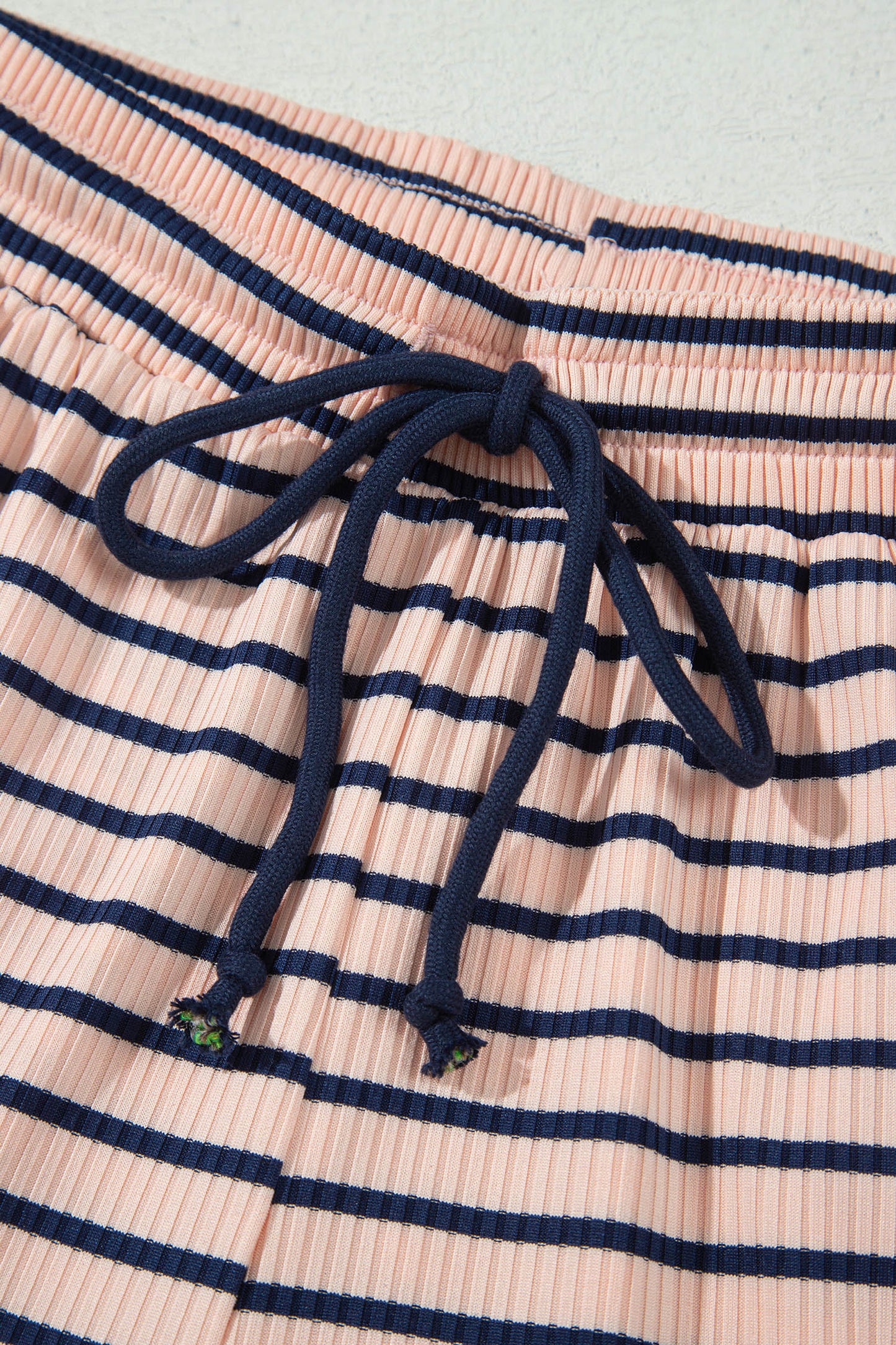 Blue Stripe Color Block Long Sleeve Pullover Ribbed Knit Casual Shorts Set-Two Piece Sets/Short Sets-[Adult]-[Female]-2022 Online Blue Zone Planet