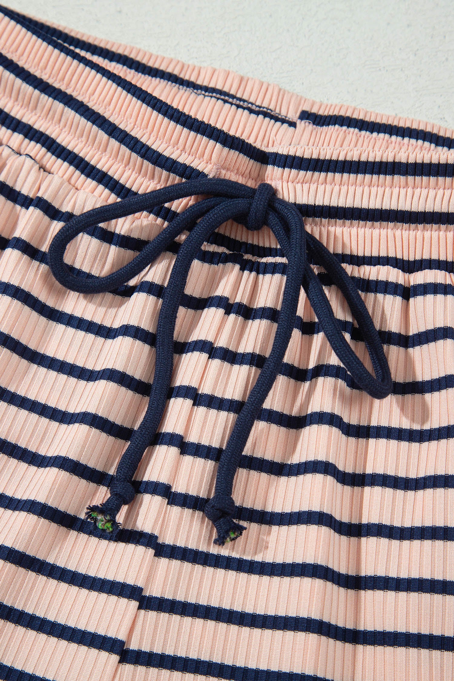 Blue Stripe Color Block Long Sleeve Pullover Ribbed Knit Casual Shorts Set-Two Piece Sets/Short Sets-[Adult]-[Female]-2022 Online Blue Zone Planet